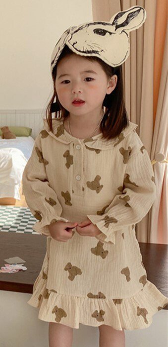 【楽天スーパーSALE】【子ども】女の子 男の子 クマ柄 部屋着 2タイプ 長袖 ワンピース パンツスタイル 80 90 100 110 120 130cm