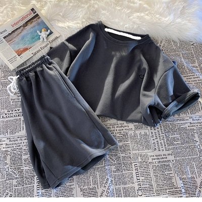 栄宝堂楽天市場店のセットアップ Tシャツ 部屋着 ショートパンツ 袖あり 半袖 ラウンドネック 襟なし ポケット 綿 上下セット かわいい シンプル カジュアル ラフ ボーイッシュ｜アングル2