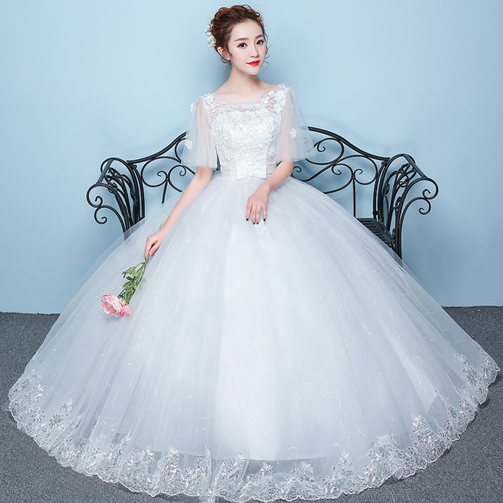 ドレス ウェディングドレス パーティードレス 結婚式ドレス 花嫁ドレス ロングドレス ロング丈 袖あり Aライン プリンセス ウエストリボン シースルー かわいい
