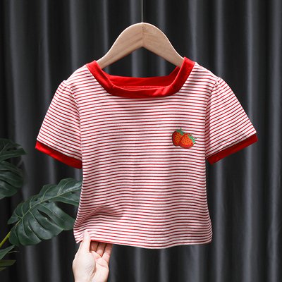 【楽天スーパーSALE】【子ども】ストライプ 苺のワンポイント Tシャツ 80 90 100 110 120 130cm