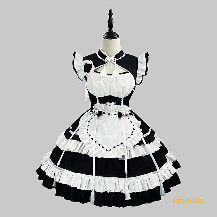 メイド服 コスプレ 中華風 可愛い コスプレ メイド服 ワンピース レディース 大人 コスチューム ハロウィン こすぷれ コス おすすめ 可愛い 男ウケ 大きいサイズ ハロウィン イベント 学園祭 文化祭 メイドコス ゴスロリ エプロンドレス ブラック