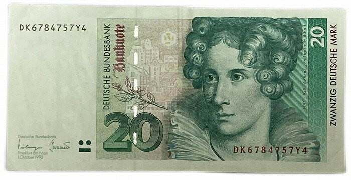 ドイツ 20マルク 1993年 詩人アネッテ・フォン・ドロステ＝ヒュルスホフ 1797-1848 美品 世界 外国 貨幣 古銭 旧紙幣 旧札 旧 紙幣 アンティーク