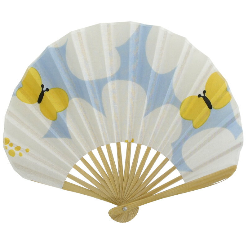 ※柄の出方が1点ずつ異なります。※こちらの商品は化粧箱付きではございません。化粧箱をご希望のお客様は別途こちらからご購入ください。※2点までネコポスをご利用頂けます。サイズ：約21×25.5cm素　材：扇面　綿　・　扇骨　竹 永楽屋の扇子は扇面に手ぬぐいと同じ生地を使用しています。永楽屋の手ぬぐいならではの繊細な柄行きを、広げるたびにお楽しみいただけます。扇面が手ぬぐいの生地ですので、破れにくいのも特徴です。丸みを帯びた形もかわいらしく、女性の方にもおすすめです。 永楽屋の手ぬぐい生地は糸目が細かいので、扇子をあおいだときに扇面から風が抜けにくく、風をしっかりと感じることができます（両面に生地を貼ると厚みがでて閉じづらくなるため、片面貼りになっています）。 〜使用上のご注意〜 ・染骨や扇面は染料の特性上、湿った状態や摩擦により他のものに色移りするおそれがあります。 ・扇骨に使用している竹のささくれや骨折れなどによるケガにご注意ください。 ※モニターの発色の具合により実際の商品と色が異なる場合がございます。〜永楽屋の手ぬぐいについて〜 「永楽屋の手ぬぐい」はオリジナルの木綿生地を使っています。ケバの少ない上質な糸を昔ながらの織機を使って、国内で時間をかけて丁寧に織っています。織りあがった生地はきめが細かくなめらかな肌触りです。 永楽屋の手ぬぐいは主に、日本の代表的染技法のひとつである、友禅染で染めています。図案をもとに色の数だけ型を作り、一枚一枚丁寧に色を重ねていきます。発色が鮮やかで美しく、手拭の存在感を引き立たせています。 〜手ぬぐいのお手入れについて〜 手ぬぐいは江戸の昔より小巾木綿で作られていて、長さ方向は様々な用途に対応するため、切りっぱなしになっています。そのため、使用しているうちに横糸が少しずつほつれてきますが、何度かお洗濯いただくと馴染んでまいります。ほつれてきた横糸は無理に引っ張ったりせずに、はさみで余分な糸をカットしてください。 〜お洗濯について〜 洗濯機などのたっぷりの水で洗って下さい。濃い色の商品は色落ちする可能性がございますので、他のものと分けてお洗濯下さい。 長時間の浸け置きや濡れたままの放置、生地が重なった状態で干したりしますと色移りの原因となります。洗濯後はすみやかに形を整えて陰干ししてください。
