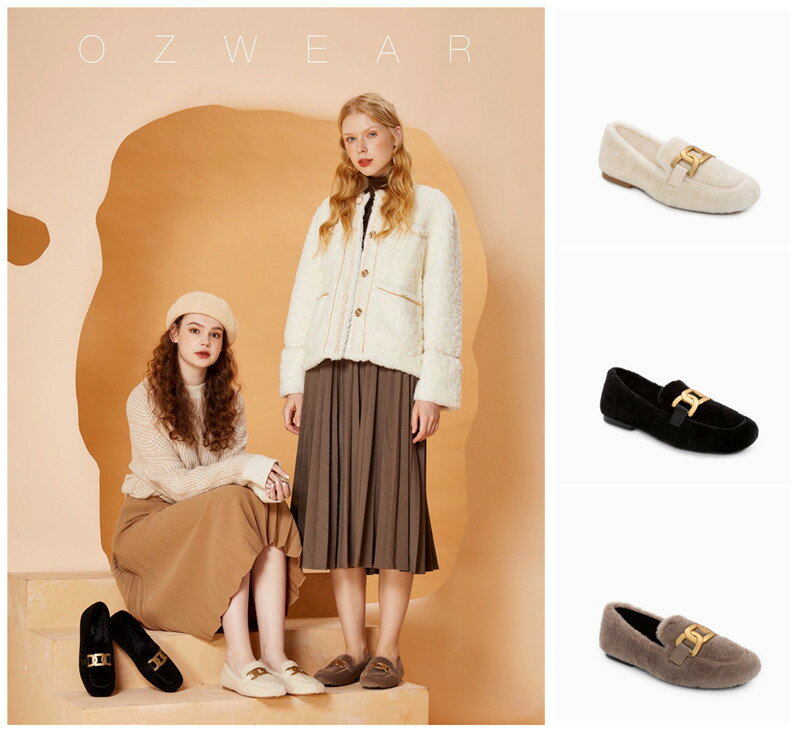 【OZWEARUGG】本革 豚革 ローファー アグ モカシン 商品番号：OZW328 天然ウール 羊毛 ダコタ スリッポン ムートン かわいい レディース フラットシューズ 靴 冬靴 レディース シューズ 裏起毛 暖かい ふわふわ もこもこ 柔らかい 防寒 保温 冬用【22.5cm-25cm】