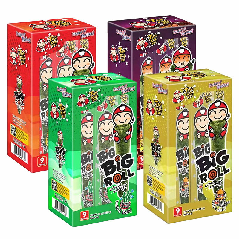 【2ケースセット】Big Roll タオカエノイ Taokaenoi 海苔 フライドシーウィード 4種類 18袋入り 54g『1ケース9袋入り』のりスナック CRISPY SEAWEED タイお土産 人気菓子 スパイシー味 オリジナル味 辛い味 バーベキュー味 スルメイカ味