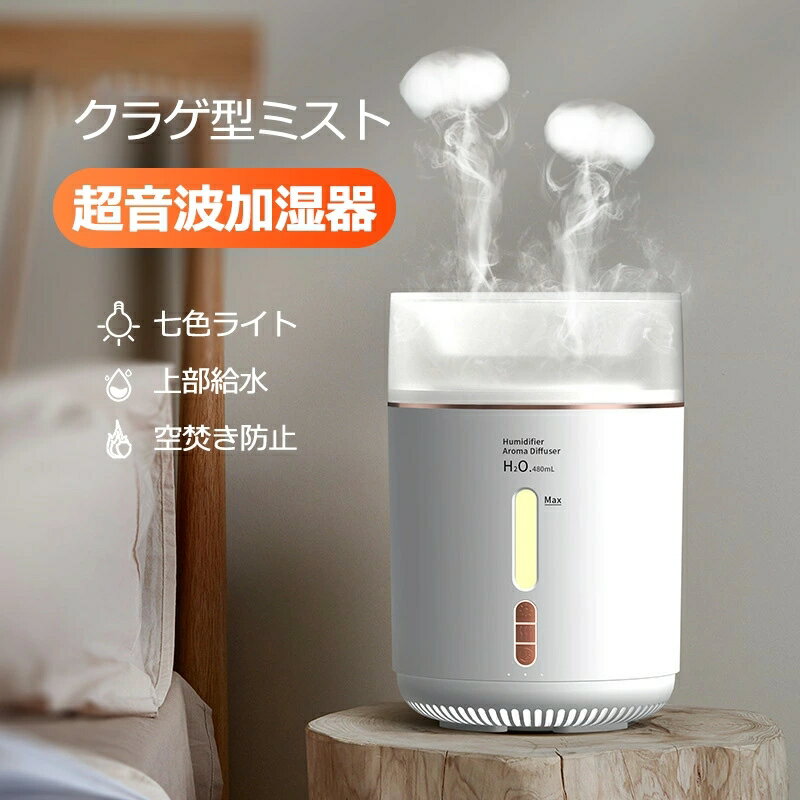 【1年保証】超音波加湿器 上部給水 加湿器 jsq-09k アロマ対応 卓上 小型 七色ライト 静音設計 空焚き防止 秋 冬 480ml大容量 超静音 ナイトライト クラゲ型ミスト アロマオイル 自動OFF機能 ボタン操作 子供部屋 冷房 暖房 乾燥対策