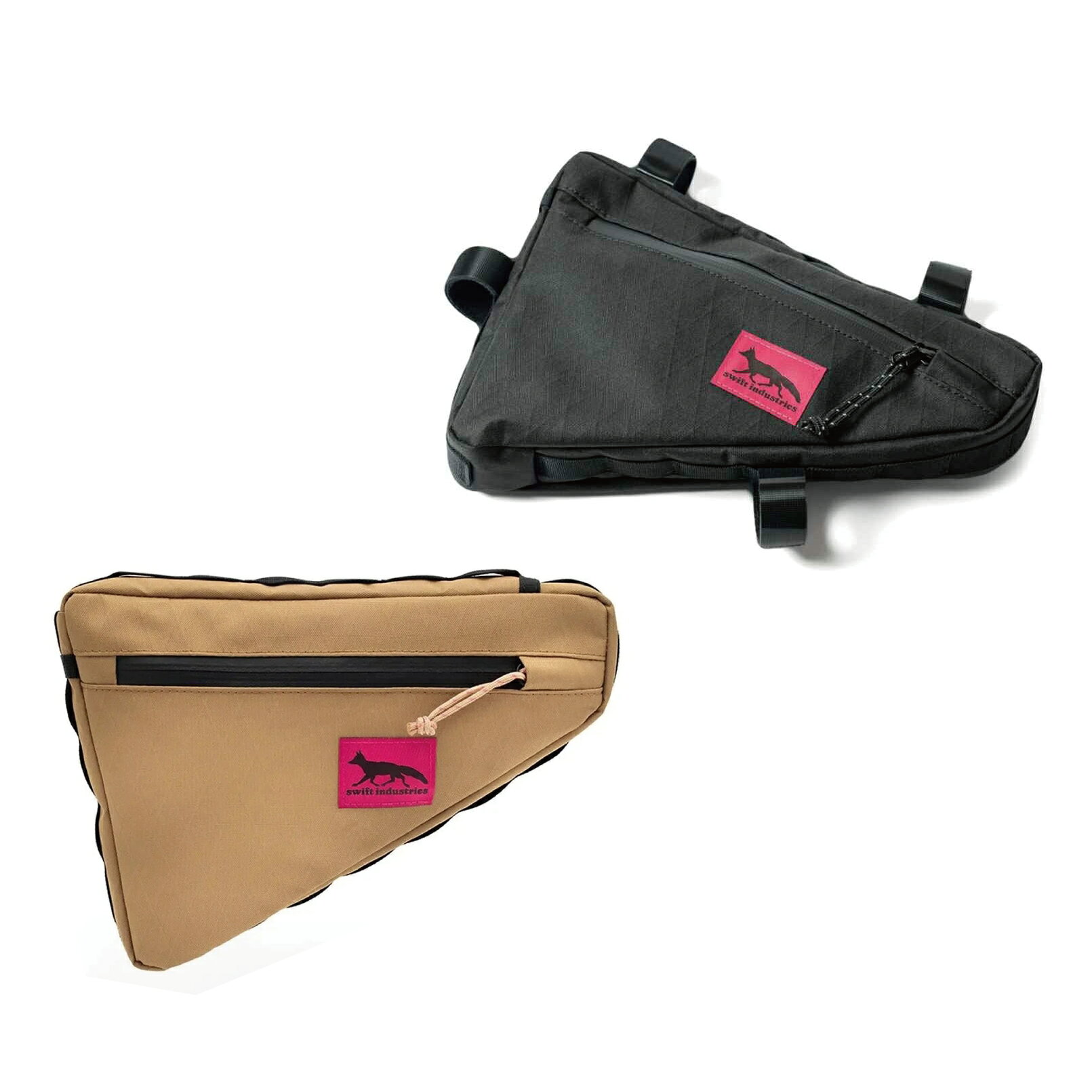 商品説明 SWIFT INDUSTRIES/スウィフトインダストリーズ Giddy Up Wedge Frame Bag（SI600X）｜3.3Lフレームバッグ 商品紹介 走るために使えるスペースを、無駄なく収納へ。 SWIFT INDUSTRIES/スウィフトインダストリーズ Giddy Up Wedge Frame Bag（SI600X）は、バイクの前三角を活用して荷物をスマートに持ち運べる3.3Lのフレームバッグです。 ヘッドチューブ側にもシートチューブ側にも取り付けられる柔軟な設計を採用。バッグ外周のテープループと4本のベルクロストラップにより、多様なフレームサイズやジオメトリーへフィットします。 メイン素材には、SWIFT INDUSTRIES独自開発の高機能リサイクルポリエステル「SI600X」を採用。優れた耐摩耗性と防水性を備え、日々の通勤からトレイルライド、ツーリング、バイクパッキングまで幅広く活躍します。 特徴 通勤からトレイルライドまで幅広く活躍するフレームバッグ 容量3.3Lで補給食や工具、軽量ウェアなどの収納に便利 ヘッドチューブ側、シートチューブ側のどちらにも取り付け可能 外周のテープループと4本のベルクロストラップで幅広いフレーム形状に対応 メインコンパートメントにハイドレーションホースや充電ケーブル用スリットを装備 ノンドライブサイドにスマートフォン収納に便利な浅型ポケットを配置 SWIFT INDUSTRIES独自開発素材「SI600X」を採用 600デニールリサイクルポリエステルによる高い耐摩耗性能 防水フィルムとダイヤモンドリップストップ補強により耐久性と防水性を向上 光沢を抑えたマットな質感で様々なバイクに馴染むデザイン SPEC ブランド：SWIFT INDUSTRIES/スウィフトインダストリーズ モデル：Giddy Up Wedge Frame Bag（SI600X） 素材：SI600X（リサイクルポリエステル） サイズ：横30.5cm × 高さ22cm × 奥行き5cm 容量：3.3L STAFF REVIEW フレームバッグの中でも使い勝手が良く、初めて導入する方にもおすすめしやすいモデルです。 容量3.3Lは、補給食や工具、モバイルバッテリー、ウィンドブレーカーなどを収納するのにちょうど良いサイズ感。ライド中によく使うアイテムを手元にまとめられます。 取り付け位置を調整しやすいので、バイクとの相性を気にしすぎず使える点も魅力。SI600X素材は擦れや汚れにも強く、日常使いから長距離ツーリングまで安心して使える万能なフレームバッグです。