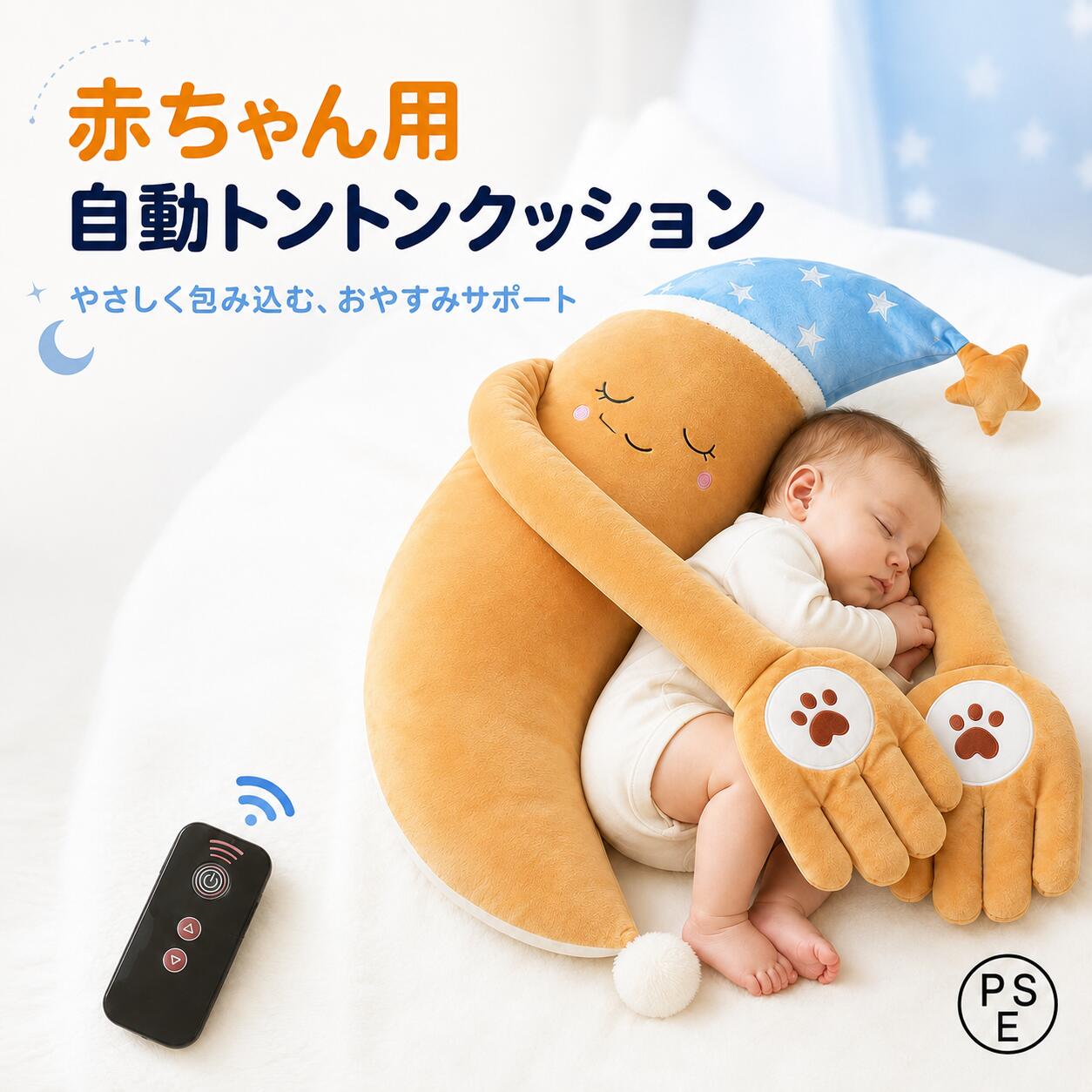 商品情報商品名赤ちゃん用 自動トントンクッション素材ポリエステル 100%対象年齢0～3歳頃サイズ約65×25cmお手入れ外カバーのみ洗濯可能使用シーンおやすみサポート、お昼寝、くつろぎ時間、出産祝いやさしく動く自動トントン機能左右の手のひらが一定のリズムで動き、赤ちゃんのおやすみ前の時間をやさしくサポートします。弱・中・強の3段階切替赤ちゃんの様子に合わせて、トントンの速さを3段階から選択可能。リモコンで手軽に調整できます。片手約180gのほどよい重み大人の手のひらに近いサイズ感と、片手約180gのやさしい重みで、身体のそばに自然に寄り添います。充電式＆外カバー洗濯可能付属の専用ケーブルで繰り返し充電可能。外カバーは取り外して洗えるため、清潔に使い続けられます。関連キーワード赤ちゃん トントン 自動トントン 赤ちゃん用クッション ベビークッション 寝かしつけクッション おやすみサポート 安撫ぬいぐるみ 月型クッション 月ぬいぐるみ ベビー枕 添い寝クッション お昼寝クッション 自動拍打 リモコン付き 3段階 弱モード 中モード 強モード 充電式 専用ケーブル USB充電 小豆インナー 小豆カイロ 小豆クッション 温められる 手のひらクッション 片手180g 外カバー 洗える 洗濯可能 ベビー用品 育児グッズ 出産 "営業時間について●ネットでのご注文は24時間受け付けております。EISOへのお問合せは下記の時間帯にお願い致します。平日 10:00～19:30日曜日・祝祭日はお休みを頂いております。営業時間内にいただくお問い合わせは順次に返信対応させていただいておりますが、場合によっては翌営業日での対応となりますので、予めご了承ください。【2026新仕様・ママ友】ベビー枕 赤ちゃん用 自動トントンクッション 月型 ベビー寝かしつけクッション 3段階 リモコン操作 充電式 小豆インナー付き 外カバー洗濯可能 ベビーギフト お昼寝 新生児 0歳 1歳 2歳 出産祝い 出産準備 やさしいトントンとほどよい手の重みで、赤ちゃんのおやすみ時間をサポート｜弱・中・強の3段階切替＆専用リモコン付き ――――――――――――――――――赤ちゃんのおやすみ時間に、やさしく寄り添う月型の自動トントンクッションです。左右の大きな手のひらが一定のリズムで動き、保護者がやさしくトントンするような感覚を演出します。動作モードは「弱・中・強」の3段階。赤ちゃんの様子に合わせて、付属のリモコンで電源と速度を簡単に切り替えられます。片手の重さは約180g。大人の手のひらに近いサイズ感とほどよい重みで、赤ちゃんの身体のそばにやさしく寄り添います。手のひら部分には、取り外し可能な小豆インナーを収納できます。小豆インナーを取り出して電子レンジで温め、保護者が温度を確認してから手のひら部分へ戻すことで、じんわりとした温もりを楽しめます。本体は充電式で、付属の専用ケーブルを使って繰り返し充電可能。使用時はコードを外して使えるため、リビングや寝室など、さまざまな場所で使いやすい仕様です。外カバーは取り外して洗濯でき、清潔にお手入れできます。月型のかわいいデザインとブルーの星柄ナイトキャップは、ベビー用品としてだけでなく、出産祝いのギフトにもおすすめです。※本製品は保護者の見守りのもとでご使用ください。――――――――――――――――――注意事項：・必ず保護者の見守りのもとでご使用ください。・本製品を赤ちゃんの顔、口元、鼻の近くに置かないでください。・手のひら部分で赤ちゃんの口や鼻を覆わないよう、使用中は常に位置をご確認ください。・本製品は医療機器ではありません。治療、疾病予防、夜泣き改善などを目的とした製品ではありません。・赤ちゃんを本製品と一緒に寝かせたまま、長時間目を離さないでください。・寝返りが活発になった場合や、赤ちゃんが自力で移動できるようになった場合は、特に注意してご使用ください。・使用前に本体、手のひら、ケーブル、リモコンに破損や異常がないか確認してください。・異音、異臭、異常な発熱、動作不良がある場合は、直ちに使用を中止してください。・充電中は赤ちゃんのそばで使用しないでください。・充電には付属の専用ケーブルをご使用ください。・ケーブルを赤ちゃんの手の届く場所に放置しないでください。・ケーブルを首、手足、家具などに巻き付けないでください。・小豆インナーは手のひら部分から取り出して加熱してください。・小豆インナーの加熱目安は、50～60℃、約1～1.5分です。・電子レンジの機種や出力により、加熱時間を調整してください。・加熱後は必ず保護者が手で触れて温度を確認し、熱すぎる場合は使用しないでください。・小豆インナーを加熱しすぎたり、焦げたにおい、変色、破損がある場合は使用しないでください。・小豆インナーを蒸したり、煮たり、水に浸したりしないでください。・小豆インナーは洗濯できません。・外カバーのみ洗濯可能です。・クッション本体、小豆インナー、電動ユニット、リモコン、専用ケーブルは洗濯できません。・洗濯前に外カバーから洗濯不可部品をすべて取り外してください。・外カバーは洗濯表示に従い、洗濯ネットの使用をおすすめします。・洗濯後は形を整え、風通しのよい場所で十分に乾燥させてください。・濡れた状態や内部が十分に乾いていない状態では使用しないでください。・火気、暖房器具、高温多湿、直射日光の当たる場所を避けて保管してください。・商品の色は、撮影環境やモニター設定により実物と多少異なる場合があります。・商品仕様や付属品は、生産時期により予告なく一部変更される場合があります。 5