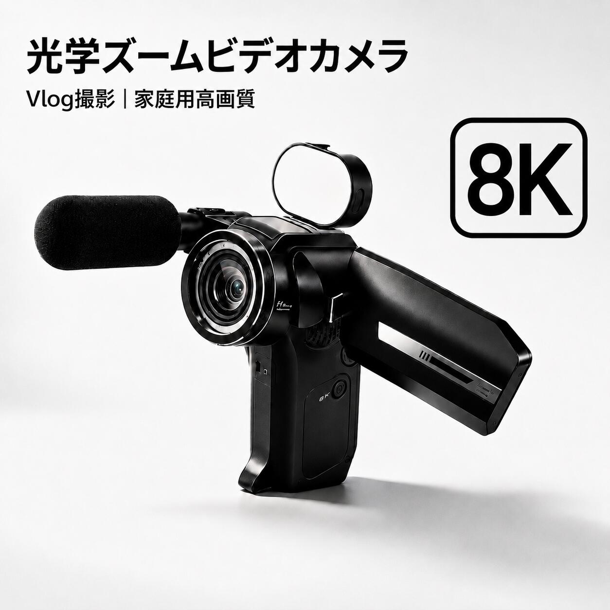 商品情報商品名Vlogビデオカメラ V3カラーブラック / ホワイトレンズタイプ：2G8Pフォーカス範囲：10cm～無限遠画角：Wide D54° / H44.3° / V33.9°ズーム：デジタルズーム 16倍ディスプレイパネルタイプ/サイズ：3.0インチ IPS解像度：360×640ファイル形式動画：MP4写真：JPG画面解像度12M（4032×3024）、18M（4896×3672）、24M（5696×4272）、30M（6400×4800）、40M（7296×5472）、48M（8064×6048）、64M（9280×6960）、75M（9984×7488）録画解像度8K、6K、5K 30FPS、4K 60FPS、4K 30FPS、2.7K 30FPS、1080P 60FPS、1080P 30FPS撮影機能AF撮影、フィルター撮影、セルフタイマー（2秒 / 5秒 / 10秒）ズーム光学ズーム＋デジタルズーム対応対応メモリー通常録画、スローモーション、タイムラプス録画、二合一録画、ループ録画、通常撮影、フィルター撮影、セルフタイマーバッテリー1600mAh充電時間約2～3時間エフェクトカラー、モノクロ、ネガ、レトロ、赤、緑、青露出補正EV+3、EV+2、EV+1、EV0、EV-1、EV-2、EV-3ISOオート、100、200、400、800、1600、3200、6400自動電源オフオフ、3分、5分、10分光源周波数オート / 50Hz / 60Hz撮影モードVideo/Slow Motion/Time Lapse/Two-in- Video Recording/Loop Recording/Photo/Color Filters Photo/Self timer言語中国語、英語、日本語、ドイツ語、フランス語、イタリア語、スペイン語、ロシア語セット内容カメラ本体、バッテリー、USBケーブル、レンズキャップ、収納袋、リモコン、ストラップ、清潔布、取扱説明書使用シーンVlog撮影、ライブ配信、自撮り、旅行、アウトドア、家族記録、商品紹介、会議、インタビュー関連キーワードVlogカメラ ビデオカメラ 8K カメラ 5K ビデオカメラ 高画質カメラ 自撮りカメラ 配信用カメラ ライブ配信カメラ YouTubeカメラ 動画撮影カメラ デジタルカメラ WiFiカメラ スマホ転送 270度回転スクリーン 画中画録画 デュアル録画 外付けマイク対応 ワイヤレスマイク 有線マイク リモコン付き 3インチ IPS 40倍ズーム 光学ズーム デジタルズーム 補光ライト付き 旅行カメラ 家族記録 子供撮影 運動会 入学式 卒業式 アウトドア撮影 初心者向け 動画制作 SNS撮影 商品紹介 ブラック ホワイト プレゼント 新生活【2026新仕様】Vlogカメラ ビデオカメラ 8K 5K高画質 270°回転スクリーン 画中画録画 WiFi スマホ転送 外付けマイク対応 リモコン付き 3.0インチIPS 光学ズーム デジタルズーム 自撮りカメラ 配信用カメラ 旅行 家族記録 ブラック ホワイト 自撮りも、配信も、家族の思い出もこれ1台。270°回転スクリーンで構図を確認しながら撮影できる、Vlog撮影にぴったりの高画質ビデオカメラ。 5