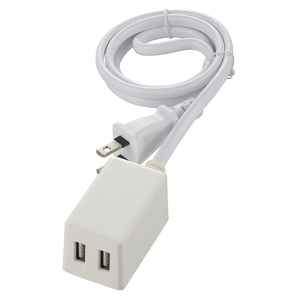 【 特 長 】 ● USB充電ポート×2ポート搭載、合計出力2.4A ● 急速充電対応 ● 接続機器を自動で判別して適切な電力で効率よく充電 ● USB過電流保護機能付き ● 本体まるごと燃えにくい自己消火性PC樹脂活用 ● 導線の二重被ふくでコードの強度を向上 ● 耐トラッキング絶縁カバー付き ● 本体カラーはホワイト 【 仕 様 】 ■ 定格入力：AC100V 50/60Hz 28VA ■ 定格出力：DC5V 合計2.4A ■ USB：Aタイプ ■ USBポート：2個口 ■ プラグ形状：ストレートプラグ ■ コード長：1m ■ 対応機種：本機はUSB充電に対応したスマートフォン、タブレット、モバイルバッテリーなどに使用できます 【ご注意】 ・USBケーブルは付属しておりません。お使いの機器に対応したUSBケーブルを別途ご用意ください。（機器に付属する純正品のご使用を推奨いたします。） ・使用前に、必ず接続する機器内のデータのバックアップをお取りください。データの消失、破損、機器の故障などについて、弊社では一切の責任を負いかねます。 ・通信機能付きのUSBケーブルではご使用いただけない場合があります。