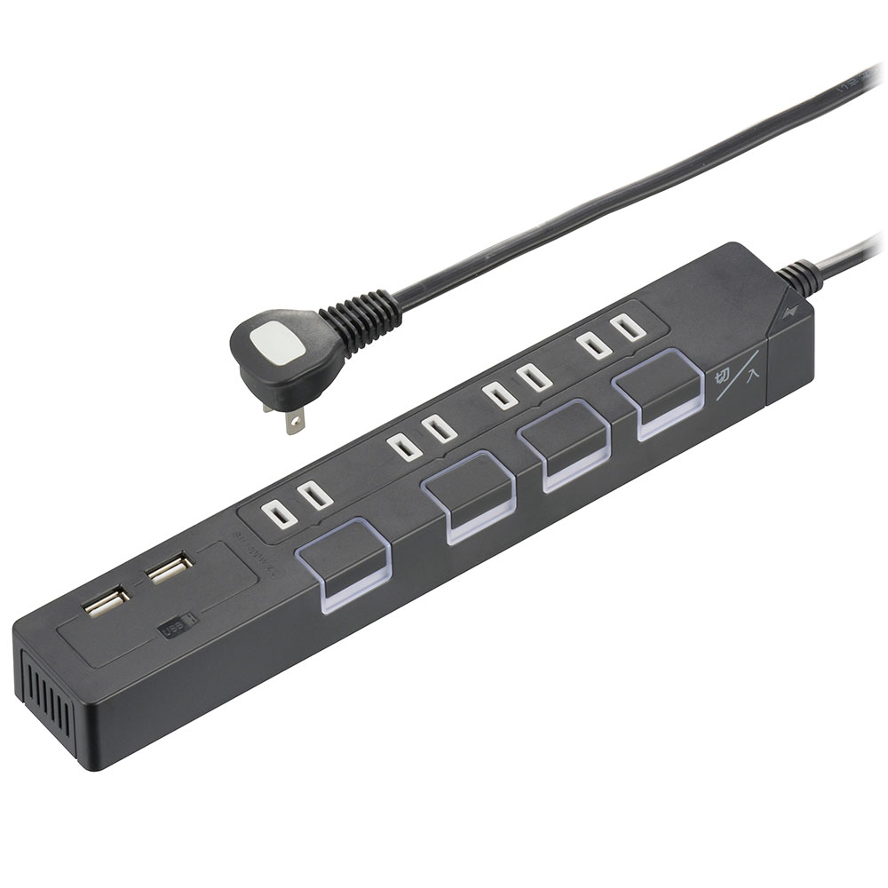 オーム電機 節電タップ光る押しボタンスイッチ雷ガード4個口 USBポート付き 2mブラック HS-TPKU42K-22 00-1669