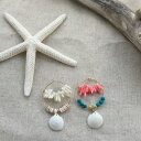 シェル & 珊瑚 フープ ピアス イヤリング レディース 女性用 ハンドメイド アクセサリー 貝殻 樹脂 可愛い お洒落 ギフト プレゼント ハワイアン ジュエ...