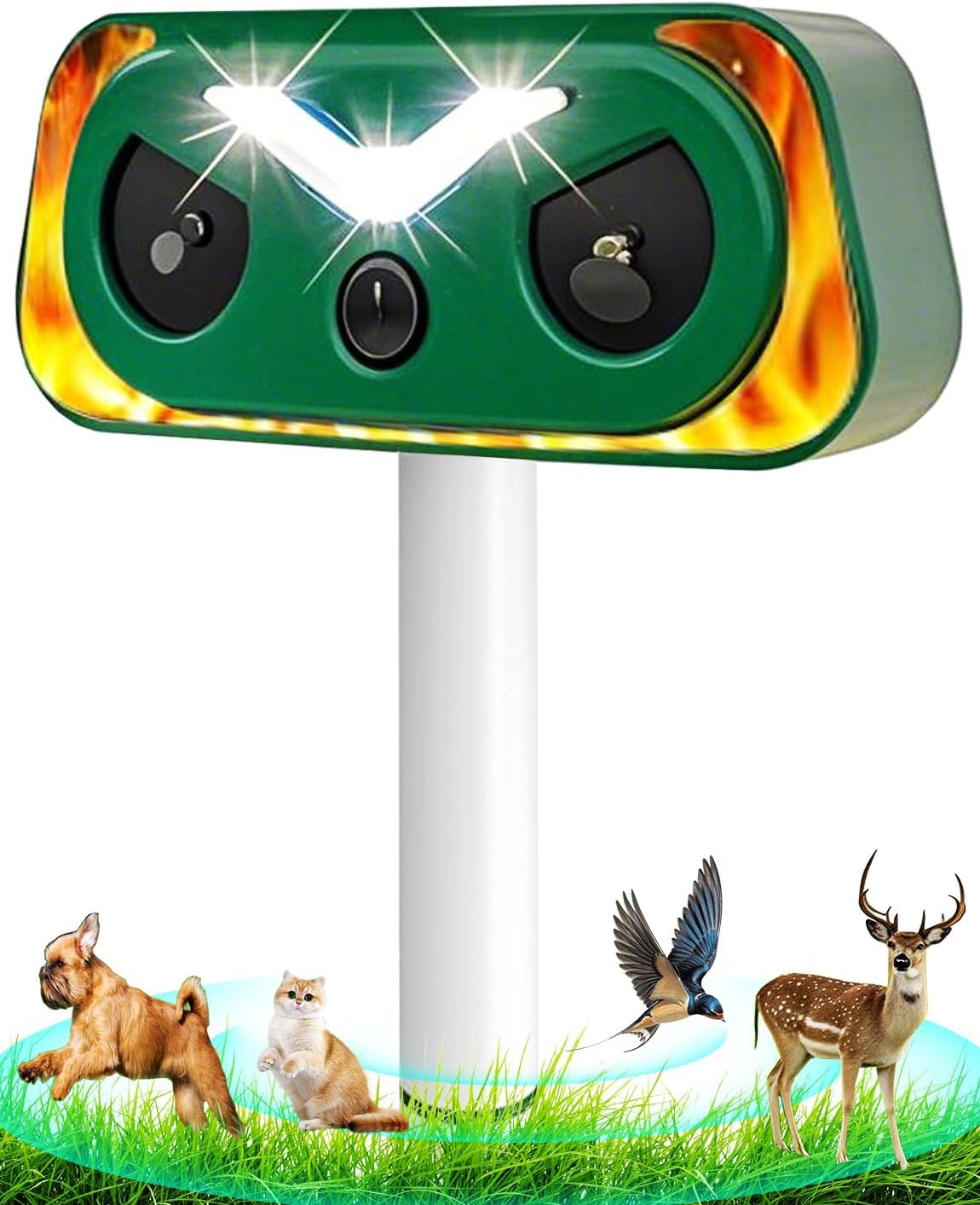 動物撃退器 猫よけ 超音波 ソーラー/type-c充電 害獣撃退器 IP65防水 2000mAh大容量電池 レッドブルー強力フラッシュライト LED フレームランプ PIR赤外線センサー 10m感知範囲 設置簡単 鳥よけ 犬よけ 鹿よけ 鳩よけ 害獣よけ 屋根裏/倉庫/庭/畑/果樹園/農作/キャンプ場対応