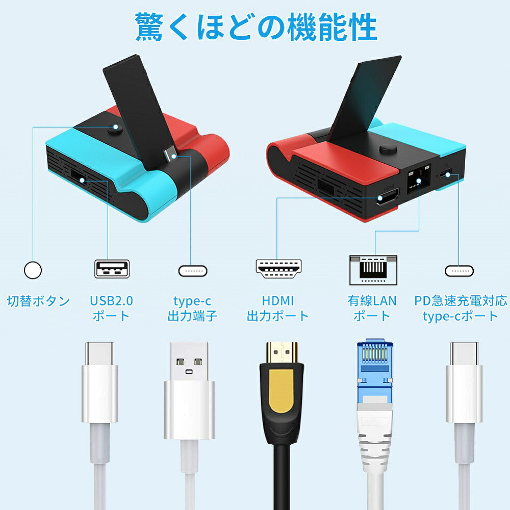 有線LAN端子搭載 Switchドック 4in1多機能スイッチ スタンド ギガビットイーサネット対応 USB/Type-Cポート付き PD急速充電 HDMIポート TVモード テーブルモード 切り替え Switch/Switch OLED有機ELモデル対