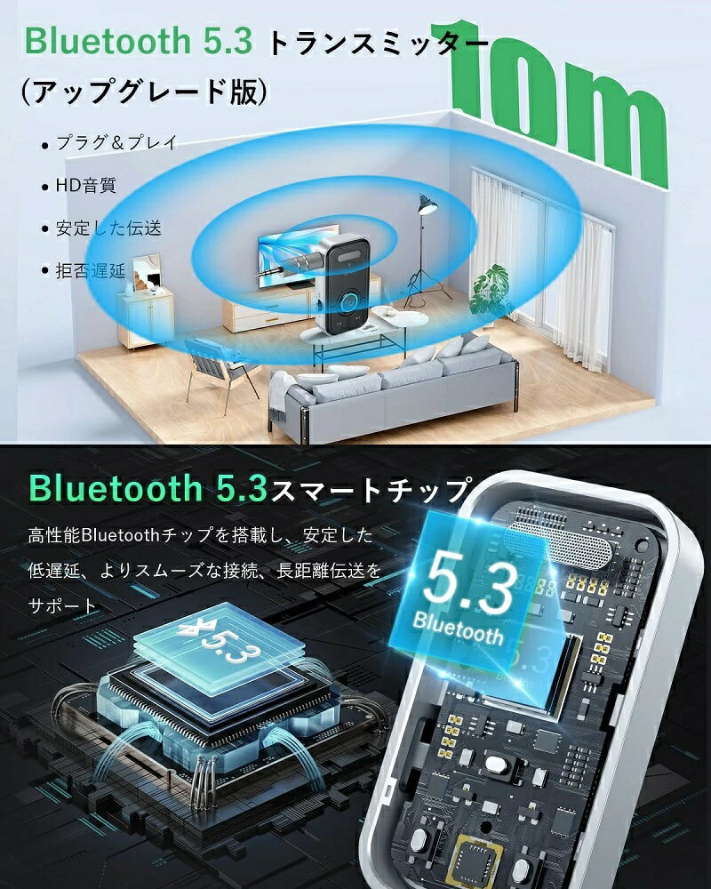 Bluetooth5.3 トランスミッター レシーバー ディスプレイ付き 送信機 受信機 低遅...