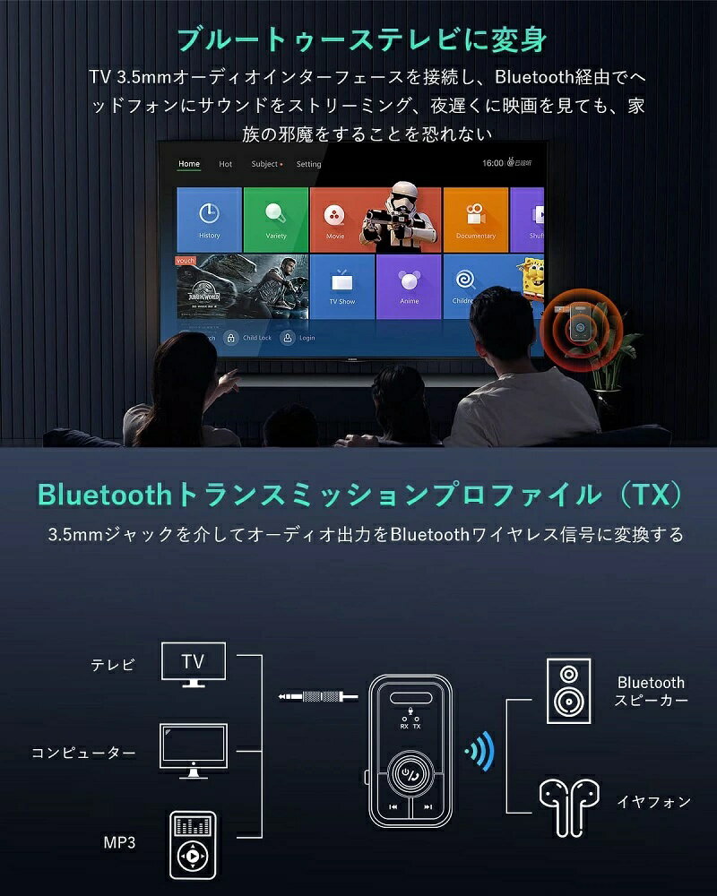 Bluetooth5.3 �ȥ�󥹥ߥå��� �쥷���С� �ǥ����ץ쥤�դ� ������ ������ ���ٱ� 3.5mm�����ǥ���͢���� ����ۥ� ���ԡ����� ���ޥ� �ƥ�� �����б� �Хåƥ꡼��¢ ���Ť��ʤ�����Ѳ� ���� ����