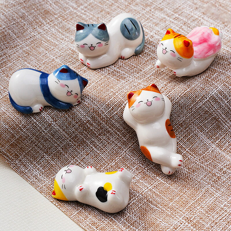 Rakuten - 【5個セット 】陶器製 箸置き ねこ 萌え猫ヘッド 可愛い 動物マスコット 箸休め インテリア 小物置き ギフト 高温釉下彩