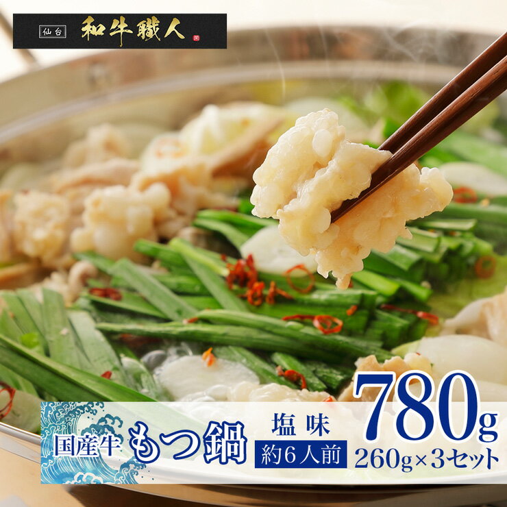 【塩味】約6人前　国産牛もつ鍋780g(260g×3個セット)　水と野菜を入れて煮込むだけの簡単調理　下茹で処理なし　しお味 送料無料　お試し　簡易包装　熨斗可　※中国・四国・九州地方は別途500円送料が加算されます