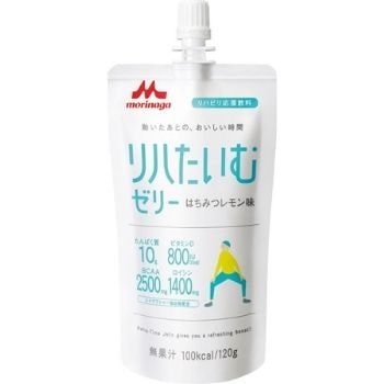 リハたいむゼリー　 はちみつレモン味　 1個120gあたり エネルギー(kcal) 100 ビタミンD(μg) 20 水分(g) 94.8 カリウム(mg) 3 たんぱく質(g) 10.0 カルシウム(mg) 5 脂質(g) 0 リン(mg) 70 炭水化物(g) 15.0 塩素(mg) 100 ナトリウム(mg) 4 食塩相当量(g) 0.01 灰分(g) 0.2 シイクワシャー抽出物(mg) 10 アレルギー表示（特定原材料等27品目） 乳・大豆運動やリハビリ後のたんぱく質、水分補給に。BCAA2500mg配合。