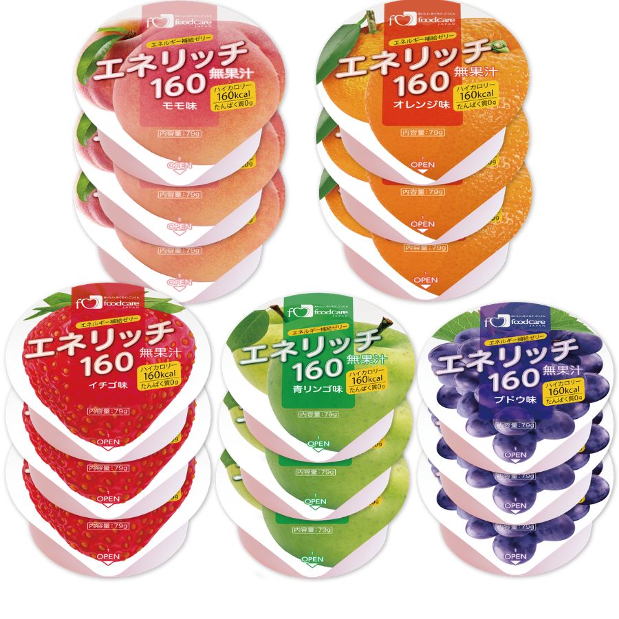 おいしく食べてエネルギー補給できるゼリーです。味はもちろん、見た目も美味しい色とパッケージデザインです。 ・1個(79g)で160kcalを補給できます。 ・たんぱく質0g、リン0mg※1、カリウム0.6mg※1、脂質0g、食物繊維0.2gです。 ・学会分類2021(食事)※20j相当です。