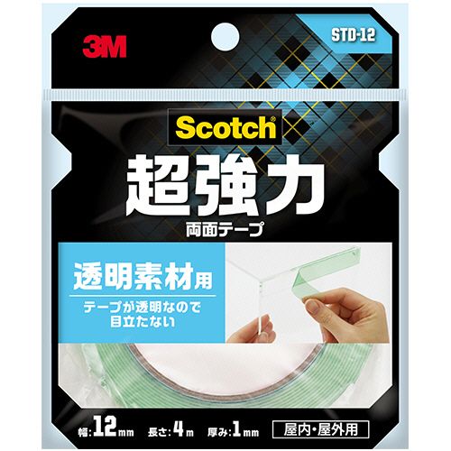【代引不可】【イージャパンモール】【返品・交換・キャンセル・日時指定不可・法人（会社・企業）様限定】 必ず2通目のメールをご確認ください。 ※本商品は熨斗・包装（ラッピング）はお承り出来ない商品となります。 ※本商品はお届け先様名が法人（企業・会社）様宛ての場合のみお承りとなり、個人様宛てのご注文はお承りしておりませんので予めご了承くださいませ。 ※領収書につきましてはeメールにPDFファイルを添付してのご案内のみとなります。 ※本商品は【イージャパンショッピングモール】（イージャパンモール）の他の商品と同梱することは出来ません。※商品はご注文（ご決済）後、2-5営業日で発送（土・日・祝日除く）となります。※配送業者と契約がないため、送付先が沖縄・離島・一部地域の場合キャンセルとさせていただきます。※発送予定日は、在庫がある場合の予定日となります。 ※在庫がない場合には、キャンセルとさせて頂きます。 ※納期が遅れます場合には改めてご連絡させて頂きます。※本商品はメーカー取り寄せ商品となります。 流動在庫となりますためお手配時に在庫がない場合はキャンセルとさせていただきます。 在庫と納期のご確認が必要な場合は事前にお問い合わせください。 ※キャンセル・返品・交換・日時指定不可です。（平日のみのお届け） ※ご注文確定後でのお届け先の変更等はお承りできませんのでご注意ください。 ※本商品は法人（企業・会社）様限定商品となり、お届け先は「法人（企業・会社）様」に限ります。（個人様宛てへのお届けはお承りしておりません） 　お届け先に法人名が確認できる表札等がない場合、お届けをお承りすることができなくなっております。 　また、商品のお受取人様名に法人（企業・会社）様名をご記入いただけない場合もご注文をお承りできません。 ※置き配や宅配ボックスへの配送も承れませんので、お届け時にお留守でないようお願い致します。 ※沖縄・離島および一部地域へのお届けは出来ません。 ※商品のお写真はイメージ画像です。概要 テープが透明なので目立たない、両面テープ。 商品説明 ●超強力・透明素材用の両面テープ、12mm×4mです。 仕様 種類 透明素材用超強力両面テープ 寸法 幅12mm×長さ4m 厚さ 1.0mm 強粘着 ○ 材質 基材：アクリルフォーム、粘着剤：アクリル系 その他仕様 ●屋内・屋外用 JANコード 4547452877294 【メーカー・製造または販売元】3M【広告文責】株式会社イージャパンアンドカンパニーズ 072-875-6666《ご注意ください》 ※本商品はキャンセル・返品・交換・日時指定不可の商品です。 　不良品、内容相違、破損、損傷の場合は良品と交換いたします。 　但し、商品出荷より7日以上たった商品につきましては交換いたしかねますのでご注意ください。 ※商品がリニューアルしている場合、リニューアル後の商品をお届けします。 ※法人（企業・会社）様宛ての場合のみご注文をお承りしております。（個人様宛てへのお届けはお承りしておりません） 　配送の日時指定は出来ません。お届け時にお留守でないようお願い致します。[関連キーワード：梱包・工具・作業用品 梱包作業用品 テープ製品]