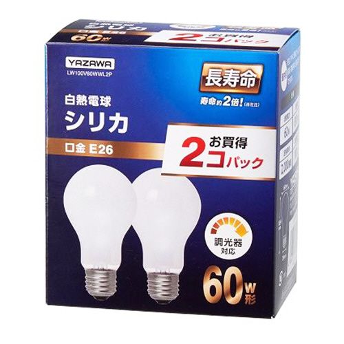 【代引不可】【イージャパンモール】【返品・交換・キャンセル・日時指定不可・法人（会社・企業）様限定】 必ず2通目のメールをご確認ください。 ※本商品は熨斗・包装（ラッピング）はお承り出来ない商品となります。 ※本商品はお届け先様名が法人（企業・会社）様宛ての場合のみお承りとなり、個人様宛てのご注文はお承りしておりませんので予めご了承くださいませ。 ※領収書につきましてはeメールにPDFファイルを添付してのご案内のみとなります。 ※本商品は【イージャパンショッピングモール】（イージャパンモール）の他の商品と同梱することは出来ません。※商品はご注文（ご決済）後、2-5営業日で発送（土・日・祝日除く）となります。※配送業者と契約がないため、送付先が沖縄・離島・一部地域の場合キャンセルとさせていただきます。※発送予定日は、在庫がある場合の予定日となります。 ※在庫がない場合には、キャンセルとさせて頂きます。 ※納期が遅れます場合には改めてご連絡させて頂きます。※本商品はメーカー取り寄せ商品となります。 流動在庫となりますためお手配時に在庫がない場合はキャンセルとさせていただきます。 在庫と納期のご確認が必要な場合は事前にお問い合わせください。 ※キャンセル・返品・交換・日時指定不可です。（平日のみのお届け） ※ご注文確定後でのお届け先の変更等はお承りできませんのでご注意ください。 ※本商品は法人（企業・会社）様限定商品となり、お届け先は「法人（企業・会社）様」に限ります。（個人様宛てへのお届けはお承りしておりません） 　お届け先に法人名が確認できる表札等がない場合、お届けをお承りすることができなくなっております。 　また、商品のお受取人様名に法人（企業・会社）様名をご記入いただけない場合もご注文をお承りできません。 ※置き配や宅配ボックスへの配送も承れませんので、お届け時にお留守でないようお願い致します。 ※沖縄・離島および一部地域へのお届けは出来ません。 ※商品のお写真はイメージ画像です。概要 住宅、デザイン照明、サイン用照明、電飾用など幅広く使用できます。 商品説明 ●白熱電球の温かみのある光が空間を演出いたします。●一般的な形状をしておりますので、さまざまな場所でお使いいただけます。●店舗用などの施設照明にもご利用いただけます。●口金E26の照明器具にご利用可能です。 仕様 種別 60W形 口金タイプ E26 光色 電球色 全光束 810lm 消費電力 60W 定格寿命 2000時間 寸法 外径60×長さ109mm その他仕様 ●定格電圧：100V●本体重量：53g●調光器対応 備考 ※寸法、重量は1個あたり JANコード 4966307377039 【メーカー・製造または販売元】ヤザワ【広告文責】株式会社イージャパンアンドカンパニーズ 072-875-6666《ご注意ください》 ※本商品はキャンセル・返品・交換・日時指定不可の商品です。 　不良品、内容相違、破損、損傷の場合は良品と交換いたします。 　但し、商品出荷より7日以上たった商品につきましては交換いたしかねますのでご注意ください。 ※商品がリニューアルしている場合、リニューアル後の商品をお届けします。 ※法人（企業・会社）様宛ての場合のみご注文をお承りしております。（個人様宛てへのお届けはお承りしておりません） 　配送の日時指定は出来ません。お届け時にお留守でないようお願い致します。[関連キーワード：文具・事務用品 生活用品・家電 その他生活用品]