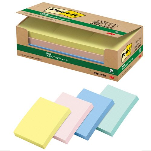 Label Paper - 【送料無料】【個人宅届け不可】【法人（会社・企業）様限定】ポスト・イット　エコノパック　ノート　再生紙　75×50mm　混色　1パック(12冊)
