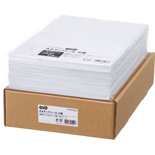 【代引不可】【イージャパンモール】【返品・交換・キャンセル・日時指定不可・法人（会社・企業）様限定】 必ず2通目のメールをご確認ください。 ※本商品は熨斗・包装（ラッピング）はお承り出来ない商品となります。 ※本商品はお届け先様名が法人（企業・会社）様宛ての場合のみお承りとなり、個人様宛てのご注文はお承りしておりませんので予めご了承くださいませ。 ※領収書につきましてはeメールにPDFファイルを添付してのご案内のみとなります。 ※本商品は【イージャパンショッピングモール】（イージャパンモール）の他の商品と同梱することは出来ません。※商品はご注文（ご決済）後、2-5営業日で発送（土・日・祝日除く）となります。※配送業者と契約がないため、送付先が沖縄・離島・一部地域の場合キャンセルとさせていただきます。※発送予定日は、在庫がある場合の予定日となります。 ※在庫がない場合には、キャンセルとさせて頂きます。 ※納期が遅れます場合には改めてご連絡させて頂きます。※本商品はメーカー取り寄せ商品となります。 流動在庫となりますためお手配時に在庫がない場合はキャンセルとさせていただきます。 在庫と納期のご確認が必要な場合は事前にお問い合わせください。 ※キャンセル・返品・交換・日時指定不可です。（平日のみのお届け） ※ご注文確定後でのお届け先の変更等はお承りできませんのでご注意ください。 ※本商品は法人（企業・会社）様限定商品となり、お届け先は「法人（企業・会社）様」に限ります。（個人様宛てへのお届けはお承りしておりません） 　お届け先に法人名が確認できる表札等がない場合、お届けをお承りすることができなくなっております。 　また、商品のお受取人様名に法人（企業・会社）様名をご記入いただけない場合もご注文をお承りできません。 ※置き配や宅配ボックスへの配送も承れませんので、お届け時にお留守でないようお願い致します。 ※沖縄・離島および一部地域へのお届けは出来ません。 ※商品のお写真はイメージ画像です。概要 レイアウトソフト対応！！ 商品説明 ●A4サイズ2面のタックシール、100シート×5冊入です。●製造現場での利用に便利な面付けのラベル。●ヒサゴのラベル用レイアウトソフト「ヒサゴ工房」に対応。（※ダウンロード方法等の詳細は、メーカーのWebサイトにてご確認ください。「ヒサゴ工房」の使い方に関してはメーカーへお問い合わせください。） 仕様 サイズ A4 シートサイズ 210×297mm ラベルサイズ 148.5×210mm 面付け 2面 紙質 上質紙 総厚み 約0.15mm 白色度 約120％ 対応機種 コピー、レーザー、インクジェット 備考 ※コピー、レーザーは厚紙モード・手差し給紙でお使いください。機種によっては対応しない場合がございます。※インクジェットはにじみが生じる場合がございます。 【広告文責】株式会社イージャパンアンドカンパニーズ 072-875-6666《ご注意ください》 ※本商品はキャンセル・返品・交換・日時指定不可の商品です。 　不良品、内容相違、破損、損傷の場合は良品と交換いたします。 　但し、商品出荷より7日以上たった商品につきましては交換いたしかねますのでご注意ください。 ※商品がリニューアルしている場合、リニューアル後の商品をお届けします。 ※法人（企業・会社）様宛ての場合のみご注文をお承りしております。（個人様宛てへのお届けはお承りしておりません） 　配送の日時指定は出来ません。お届け時にお留守でないようお願い致します。[関連キーワード：OA・PC消耗品 プリンター用紙 プリンターラベル マルチプリンターラベル]