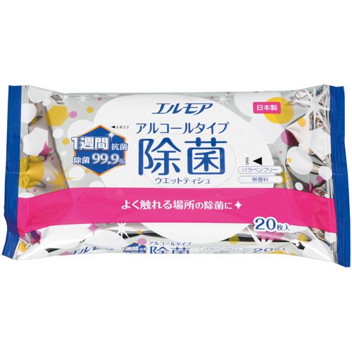【代引不可】【イージャパンモール】【返品・交換・キャンセル・日時指定不可・法人（会社・企業）様限定】 必ず2通目のメールをご確認ください。 ※本商品は熨斗・包装（ラッピング）はお承り出来ない商品となります。 ※本商品はお届け先様名が法人（企業・会社）様宛ての場合のみお承りとなり、個人様宛てのご注文はお承りしておりませんので予めご了承くださいませ。 ※領収書につきましてはeメールにPDFファイルを添付してのご案内のみとなります。 ※本商品は【イージャパンショッピングモール】（イージャパンモール）の他の商品と同梱することは出来ません。※商品はご注文（ご決済）後、2-5営業日で発送（土・日・祝日除く）となります。※配送業者と契約がないため、送付先が沖縄・離島・一部地域の場合キャンセルとさせていただきます。※発送予定日は、在庫がある場合の予定日となります。 ※在庫がない場合には、キャンセルとさせて頂きます。 ※納期が遅れます場合には改めてご連絡させて頂きます。※本商品はメーカー取り寄せ商品となります。 流動在庫となりますためお手配時に在庫がない場合はキャンセルとさせていただきます。 在庫と納期のご確認が必要な場合は事前にお問い合わせください。 ※キャンセル・返品・交換・日時指定不可です。（平日のみのお届け） ※ご注文確定後でのお届け先の変更等はお承りできませんのでご注意ください。 ※本商品は法人（企業・会社）様限定商品となり、お届け先は「法人（企業・会社）様」に限ります。（個人様宛てへのお届けはお承りしておりません） 　お届け先に法人名が確認できる表札等がない場合、お届けをお承りすることができなくなっております。 　また、商品のお受取人様名に法人（企業・会社）様名をご記入いただけない場合もご注文をお承りできません。 ※置き配や宅配ボックスへの配送も承れませんので、お届け時にお留守でないようお願い致します。 ※沖縄・離島および一部地域へのお届けは出来ません。 ※商品のお写真はイメージ画像です。概要 【アルコール配合】手指の汚れもキレイにふき取る。除菌成分とアルコールでいつも清潔。 商品説明 ●20枚入×24パックセットです。 仕様 シートサイズ 約200×295mm 材質 レーヨン、ポリエステル 成分 水、エタノール、プロピレングリコール、ラウリルトリモニウムクロリド、塩化ベンザルコニウム、ブチルカルバミン酸ヨウ化プロピニル パッケージサイズ W160×D106×H25mm 生産国 日本 シリーズ名 エルモア JANコード 4971633171145 【メーカー・製造または販売元】カミ商事【広告文責】株式会社イージャパンアンドカンパニーズ 072-875-6666《ご注意ください》 ※本商品はキャンセル・返品・交換・日時指定不可の商品です。 　不良品、内容相違、破損、損傷の場合は良品と交換いたします。 　但し、商品出荷より7日以上たった商品につきましては交換いたしかねますのでご注意ください。 ※商品がリニューアルしている場合、リニューアル後の商品をお届けします。 ※法人（企業・会社）様宛ての場合のみご注文をお承りしております。（個人様宛てへのお届けはお承りしておりません） 　配送の日時指定は出来ません。お届け時にお留守でないようお願い致します。[関連キーワード：衣料・生活用品 日用品 ウエットティッシュ アルコール配合]