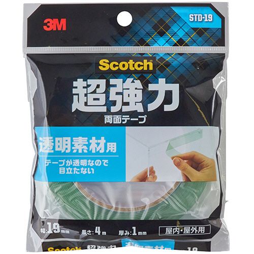 【代引不可】【イージャパンモール】【返品・交換・キャンセル・日時指定不可・法人（会社・企業）様限定】 必ず2通目のメールをご確認ください。 ※本商品は熨斗・包装（ラッピング）はお承り出来ない商品となります。 ※本商品はお届け先様名が法人（企業・会社）様宛ての場合のみお承りとなり、個人様宛てのご注文はお承りしておりませんので予めご了承くださいませ。 ※領収書につきましてはeメールにPDFファイルを添付してのご案内のみとなります。 ※本商品は【イージャパンショッピングモール】（イージャパンモール）の他の商品と同梱することは出来ません。※商品はご注文（ご決済）後、2-5営業日で発送（土・日・祝日除く）となります。※配送業者と契約がないため、送付先が沖縄・離島・一部地域の場合キャンセルとさせていただきます。※発送予定日は、在庫がある場合の予定日となります。 ※在庫がない場合には、キャンセルとさせて頂きます。 ※納期が遅れます場合には改めてご連絡させて頂きます。※本商品はメーカー取り寄せ商品となります。 流動在庫となりますためお手配時に在庫がない場合はキャンセルとさせていただきます。 在庫と納期のご確認が必要な場合は事前にお問い合わせください。 ※キャンセル・返品・交換・日時指定不可です。（平日のみのお届け） ※ご注文確定後でのお届け先の変更等はお承りできませんのでご注意ください。 ※本商品は法人（企業・会社）様限定商品となり、お届け先は「法人（企業・会社）様」に限ります。（個人様宛てへのお届けはお承りしておりません） 　お届け先に法人名が確認できる表札等がない場合、お届けをお承りすることができなくなっております。 　また、商品のお受取人様名に法人（企業・会社）様名をご記入いただけない場合もご注文をお承りできません。 ※置き配や宅配ボックスへの配送も承れませんので、お届け時にお留守でないようお願い致します。 ※沖縄・離島および一部地域へのお届けは出来ません。 ※商品のお写真はイメージ画像です。概要 テープが透明なので目立たない、両面テープ。 商品説明 ●透明素材用の超強力両面テープ、19mm×4mです。 仕様 種類 透明素材用超強力両面テープ 寸法 幅19mm×長さ4m 厚さ 1mm 強粘着 ○ 材質 基材：アクリルフォーム、粘着剤：アクリル系 その他仕様 ●透明素材用、屋内・屋外用●用途：木、金属、プラスチック（PP・PEを除く）、ガラス、陶器 JANコード 4547452877300 【メーカー・製造または販売元】3M《ご注意ください》 ※本商品はキャンセル・返品・交換・日時指定不可の商品です。 　不良品、内容相違、破損、損傷の場合は良品と交換いたします。 　但し、商品出荷より7日以上たった商品につきましては交換いたしかねますのでご注意ください。 ※商品がリニューアルしている場合、リニューアル後の商品をお届けします。 ※法人（企業・会社）様宛ての場合のみご注文をお承りしております。（個人様宛てへのお届けはお承りしておりません） 　配送の日時指定は出来ません。お届け時にお留守でないようお願い致します。[関連キーワード：梱包・工具・作業用品　梱包作業用品　テープ製品　両面テープ]