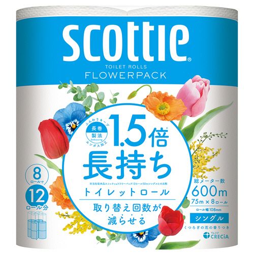 【代引不可】【イージャパンモール】【返品・交換・キャンセル・日時指定不可・法人（会社・企業）様限定】 必ず2通目のメールをご確認ください。 ※本商品は熨斗・包装（ラッピング）はお承り出来ない商品となります。 ※本商品はお届け先様名が法人（企業・会社）様宛ての場合のみお承りとなり、個人様宛てのご注文はお承りしておりませんので予めご了承くださいませ。 ※領収書につきましてはeメールにPDFファイルを添付してのご案内のみとなります。 ※本商品は【イージャパンショッピングモール】（イージャパンモール）の他の商品と同梱することは出来ません。※商品はご注文（ご決済）後、2-5営業日で発送（土・日・祝日除く）となります。※配送業者と契約がないため、送付先が沖縄・離島・一部地域の場合キャンセルとさせていただきます。※発送予定日は、在庫がある場合の予定日となります。 ※在庫がない場合には、キャンセルとさせて頂きます。 ※納期が遅れます場合には改めてご連絡させて頂きます。※本商品はメーカー取り寄せ商品となります。 流動在庫となりますためお手配時に在庫がない場合はキャンセルとさせていただきます。 在庫と納期のご確認が必要な場合は事前にお問い合わせください。 ※キャンセル・返品・交換・日時指定不可です。（平日のみのお届け） ※ご注文確定後でのお届け先の変更等はお承りできませんのでご注意ください。 ※本商品は法人（企業・会社）様限定商品となり、お届け先は「法人（企業・会社）様」に限ります。（個人様宛てへのお届けはお承りしておりません） 　お届け先に法人名が確認できる表札等がない場合、お届けをお承りすることができなくなっております。 　また、商品のお受取人様名に法人（企業・会社）様名をご記入いただけない場合もご注文をお承りできません。 ※置き配や宅配ボックスへの配送も承れませんので、お届け時にお留守でないようお願い致します。 ※沖縄・離島および一部地域へのお届けは出来ません。 ※商品のお写真はイメージ画像です。概要 8ロールで12ロール分の長さの長持ちトイレットペーパー 商品説明 ●8ロールで12ロール分の長さ。長持ちタイプのトイレットペーパー、シングルです。（※従来品スコッティフラワーパック12ロールとの比較。）●ふんわりキープ長巻製法によるやわらか長持ちロール。●たっぷり使えて取替の手間を軽減。●省スペース化で保管もスッキリ。収納効率UP！●もしもの時の災害・備蓄用としてもおすすめです！●くつろぎの花の香り付き。 仕様 タイプ シングル ロールサイズ 幅108mm×長さ75m 香り くつろぎの花の香り 芯 あり 材質 パルプ＋紙パックリサイクルパルプ パッケージサイズ W216×D216×H216mm 生産国 日本 シリーズ名 スコッティ JANコード 4901750153502 【メーカー・製造または販売元】日本製紙クレシア《ご注意ください》 ※本商品はキャンセル・返品・交換・日時指定不可の商品です。 　不良品、内容相違、破損、損傷の場合は良品と交換いたします。 　但し、商品出荷より7日以上たった商品につきましては交換いたしかねますのでご注意ください。 ※商品がリニューアルしている場合、リニューアル後の商品をお届けします。 ※法人（企業・会社）様宛ての場合のみご注文をお承りしております。（個人様宛てへのお届けはお承りしておりません） 　配送の日時指定は出来ません。お届け時にお留守でないようお願い致します。[関連キーワード：衣料・生活用品　日用品　トイレットペーパー　再生紙ブレンド]