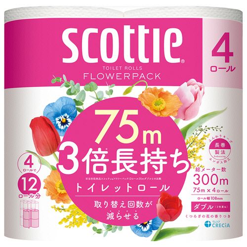 【代引不可】【イージャパンモール】【返品・交換・キャンセル・日時指定不可・法人（会社・企業）様限定】 必ず2通目のメールをご確認ください。 ※本商品は熨斗・包装（ラッピング）はお承り出来ない商品となります。 ※本商品はお届け先様名が法人（企業・会社）様宛ての場合のみお承りとなり、個人様宛てのご注文はお承りしておりませんので予めご了承くださいませ。 ※領収書につきましてはeメールにPDFファイルを添付してのご案内のみとなります。 ※本商品は【イージャパンショッピングモール】（イージャパンモール）の他の商品と同梱することは出来ません。※商品はご注文（ご決済）後、2-5営業日で発送（土・日・祝日除く）となります。※配送業者と契約がないため、送付先が沖縄・離島・一部地域の場合キャンセルとさせていただきます。※発送予定日は、在庫がある場合の予定日となります。 ※在庫がない場合には、キャンセルとさせて頂きます。 ※納期が遅れます場合には改めてご連絡させて頂きます。※本商品はメーカー取り寄せ商品となります。 流動在庫となりますためお手配時に在庫がない場合はキャンセルとさせていただきます。 在庫と納期のご確認が必要な場合は事前にお問い合わせください。 ※キャンセル・返品・交換・日時指定不可です。（平日のみのお届け） ※ご注文確定後でのお届け先の変更等はお承りできませんのでご注意ください。 ※本商品は法人（企業・会社）様限定商品となり、お届け先は「法人（企業・会社）様」に限ります。（個人様宛てへのお届けはお承りしておりません） 　お届け先に法人名が確認できる表札等がない場合、お届けをお承りすることができなくなっております。 　また、商品のお受取人様名に法人（企業・会社）様名をご記入いただけない場合もご注文をお承りできません。 ※置き配や宅配ボックスへの配送も承れませんので、お届け時にお留守でないようお願い致します。 ※沖縄・離島および一部地域へのお届けは出来ません。 ※商品のお写真はイメージ画像です。概要 4ロールで12ロール分の長尺ロール！ 商品説明 ●4ロールで12ロール分の長さ。（1ロールの長さが3倍：メーカー比）●たっぷり使えて取り替えの手間が減り、収納もコンパクト。●クレシア独自のふっくらエンボス加工で、やわらかくコンパクトな長尺ロール。●家庭用トイレホルダー適応サイズ。●くつろぐ花の香りつき。 仕様 タイプ ダブル ロールサイズ 幅108mm×長さ75m ミシン目 あり 香り くつろぎの花の香り 芯 あり 芯径 約38mm 材質 パルプ＋紙パックリサイクルパルプ パッケージサイズ W236×D118×H216mm 生産国 日本 シリーズ名 スコッティ JANコード 4901750227302 【広告文責】株式会社イージャパンアンドカンパニーズ 072-875-6666《ご注意ください》 ※本商品はキャンセル・返品・交換・日時指定不可の商品です。 　不良品、内容相違、破損、損傷の場合は良品と交換いたします。 　但し、商品出荷より7日以上たった商品につきましては交換いたしかねますのでご注意ください。 ※商品がリニューアルしている場合、リニューアル後の商品をお届けします。 ※法人（企業・会社）様宛ての場合のみご注文をお承りしております。（個人様宛てへのお届けはお承りしておりません） 　配送の日時指定は出来ません。お届け時にお留守でないようお願い致します。[関連キーワード：衣料・生活用品 日用品 トイレットペーパー]