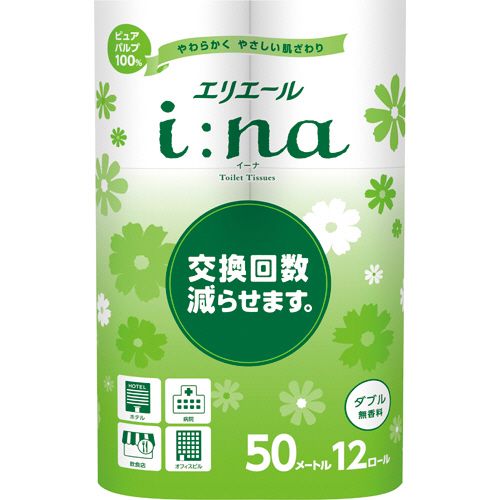 【送料無料】【個人宅届け不可】【法人（会社・企業）様限定】エリエールi:naトイレットティシューダブル 芯有 50m 無香料 1セット(72ロール:12ロール×6パック)