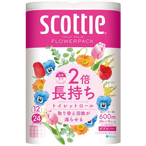 【代引不可】【イージャパンモール】【返品・交換・キャンセル・日時指定不可・法人（会社・企業）様限定】 必ず2通目のメールをご確認ください。 ※本商品は熨斗・包装（ラッピング）はお承り出来ない商品となります。 ※本商品はお届け先様名が法人（企業・会社）様宛ての場合のみお承りとなり、個人様宛てのご注文はお承りしておりませんので予めご了承くださいませ。 ※領収書につきましてはeメールにPDFファイルを添付してのご案内のみとなります。 ※本商品は【イージャパンショッピングモール】（イージャパンモール）の他の商品と同梱することは出来ません。※商品はご注文（ご決済）後、2-5営業日で発送（土・日・祝日除く）となります。※配送業者と契約がないため、送付先が沖縄・離島・一部地域の場合キャンセルとさせていただきます。※発送予定日は、在庫がある場合の予定日となります。 ※在庫がない場合には、キャンセルとさせて頂きます。 ※納期が遅れます場合には改めてご連絡させて頂きます。※本商品はメーカー取り寄せ商品となります。 流動在庫となりますためお手配時に在庫がない場合はキャンセルとさせていただきます。 在庫と納期のご確認が必要な場合は事前にお問い合わせください。 ※キャンセル・返品・交換・日時指定不可です。（平日のみのお届け） ※ご注文確定後でのお届け先の変更等はお承りできませんのでご注意ください。 ※本商品は法人（企業・会社）様限定商品となり、お届け先は「法人（企業・会社）様」に限ります。（個人様宛てへのお届けはお承りしておりません） 　お届け先に法人名が確認できる表札等がない場合、お届けをお承りすることができなくなっております。 　また、商品のお受取人様名に法人（企業・会社）様名をご記入いただけない場合もご注文をお承りできません。 ※置き配や宅配ボックスへの配送も承れませんので、お届け時にお留守でないようお願い致します。 ※沖縄・離島および一部地域へのお届けは出来ません。 ※商品のお写真はイメージ画像です。概要 良質な紙パックリサイクルパルプをブレンドし、環境に配慮しました。 商品説明 ●リラックスできる花の香付きのダブルタイプ、12ロール×4パック。●取替えの手間が半分でたっぷり使える2倍巻。●省スペースで保管もスッキリ、12ロールで24ロール分。●通常の家庭用ホルダーが使えます。 仕様 タイプ ダブル ロールサイズ 幅108mm×長さ50m ミシン目 あり 香り あり 芯 あり 芯径 約38mm 材質 パルプ＋牛乳パックリサイクルパルプ パッケージサイズ W236×D236×H324mm 生産国 日本 シリーズ名 スコッティ JANコード 4901750263102 【広告文責】株式会社イージャパンアンドカンパニーズ 072-875-6666《ご注意ください》 ※本商品はキャンセル・返品・交換・日時指定不可の商品です。 　不良品、内容相違、破損、損傷の場合は良品と交換いたします。 　但し、商品出荷より7日以上たった商品につきましては交換いたしかねますのでご注意ください。 ※商品がリニューアルしている場合、リニューアル後の商品をお届けします。 ※法人（企業・会社）様宛ての場合のみご注文をお承りしております。（個人様宛てへのお届けはお承りしておりません） 　配送の日時指定は出来ません。お届け時にお留守でないようお願い致します。[関連キーワード：衣料・生活用品 日用品 トイレットペーパー]
