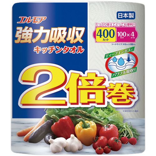 【代引不可】【イージャパンモール】【返品・交換・キャンセル・日時指定不可・法人（会社・企業）様限定】 必ず2通目のメールをご確認ください。 ※本商品は熨斗・包装（ラッピング）はお承り出来ない商品となります。 ※本商品はお届け先様名が法人（企業・会社）様宛ての場合のみお承りとなり、個人様宛てのご注文はお承りしておりませんので予めご了承くださいませ。 ※領収書につきましてはeメールにPDFファイルを添付してのご案内のみとなります。 ※本商品は【イージャパンショッピングモール】（イージャパンモール）の他の商品と同梱することは出来ません。※商品はご注文（ご決済）後、2-5営業日で発送（土・日・祝日除く）となります。※配送業者と契約がないため、送付先が沖縄・離島・一部地域の場合キャンセルとさせていただきます。※発送予定日は、在庫がある場合の予定日となります。 ※在庫がない場合には、キャンセルとさせて頂きます。 ※納期が遅れます場合には改めてご連絡させて頂きます。※本商品はメーカー取り寄せ商品となります。 流動在庫となりますためお手配時に在庫がない場合はキャンセルとさせていただきます。 在庫と納期のご確認が必要な場合は事前にお問い合わせください。 ※キャンセル・返品・交換・日時指定不可です。（平日のみのお届け） ※ご注文確定後でのお届け先の変更等はお承りできませんのでご注意ください。 ※本商品は法人（企業・会社）様限定商品となり、お届け先は「法人（企業・会社）様」に限ります。（個人様宛てへのお届けはお承りしておりません） 　お届け先に法人名が確認できる表札等がない場合、お届けをお承りすることができなくなっております。 　また、商品のお受取人様名に法人（企業・会社）様名をご記入いただけない場合もご注文をお承りできません。 ※置き配や宅配ボックスへの配送も承れませんので、お届け時にお留守でないようお願い致します。 ※沖縄・離島および一部地域へのお届けは出来ません。 ※商品のお写真はイメージ画像です。概要 水や油を吸収しやすいキッチンペーパー。 商品説明 ●2倍の長さでたっぷり使えてとっても便利。4ロール入。 仕様 1シートサイズ タテ212×ヨコ200mm 材質 ピュアパルプ100％ 生産国 日本 その他仕様 ●内容量：100カット（1ロールあたり） シリーズ名 エルモア JANコード 4971633172807 【メーカー・製造または販売元】カミ商事【広告文責】株式会社イージャパンアンドカンパニーズ 072-875-6666《ご注意ください》 ※本商品はキャンセル・返品・交換・日時指定不可の商品です。 　不良品、内容相違、破損、損傷の場合は良品と交換いたします。 　但し、商品出荷より7日以上たった商品につきましては交換いたしかねますのでご注意ください。 ※商品がリニューアルしている場合、リニューアル後の商品をお届けします。 ※法人（企業・会社）様宛ての場合のみご注文をお承りしております。（個人様宛てへのお届けはお承りしておりません） 　配送の日時指定は出来ません。お届け時にお留守でないようお願い致します。[関連キーワード：生活雑貨]
