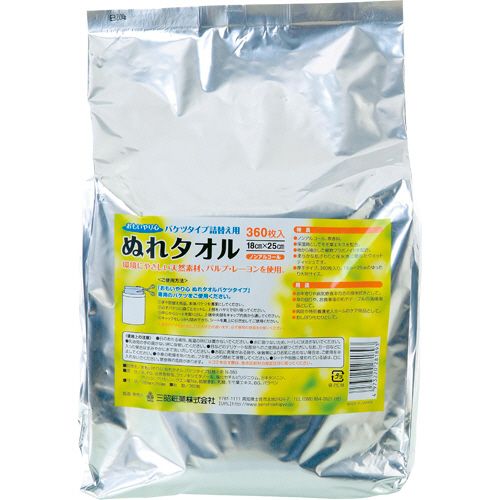 【代引不可】【イージャパンモール】【返品・交換・キャンセル・日時指定不可・法人（会社・企業）様限定】 必ず2通目のメールをご確認ください。 ※本商品は熨斗・包装（ラッピング）はお承り出来ない商品となります。 ※本商品はお届け先様名が法人（企業・会社）様宛ての場合のみお承りとなり、個人様宛てのご注文はお承りしておりませんので予めご了承くださいませ。 ※領収書につきましてはeメールにPDFファイルを添付してのご案内のみとなります。 ※本商品は【イージャパンショッピングモール】（イージャパンモール）の他の商品と同梱することは出来ません。※商品はご注文（ご決済）後、2-5営業日で発送（土・日・祝日除く）となります。※配送業者と契約がないため、送付先が沖縄・離島・一部地域の場合キャンセルとさせていただきます。※発送予定日は、在庫がある場合の予定日となります。 ※在庫がない場合には、キャンセルとさせて頂きます。 ※納期が遅れます場合には改めてご連絡させて頂きます。※本商品はメーカー取り寄せ商品となります。 流動在庫となりますためお手配時に在庫がない場合はキャンセルとさせていただきます。 在庫と納期のご確認が必要な場合は事前にお問い合わせください。 ※キャンセル・返品・交換・日時指定不可です。（平日のみのお届け） ※ご注文確定後でのお届け先の変更等はお承りできませんのでご注意ください。 ※本商品は法人（企業・会社）様限定商品となり、お届け先は「法人（企業・会社）様」に限ります。（個人様宛てへのお届けはお承りしておりません） 　お届け先に法人名が確認できる表札等がない場合、お届けをお承りすることができなくなっております。 　また、商品のお受取人様名に法人（企業・会社）様名をご記入いただけない場合もご注文をお承りできません。 ※置き配や宅配ボックスへの配送も承れませんので、お届け時にお留守でないようお願い致します。 ※沖縄・離島および一部地域へのお届けは出来ません。 ※商品のお写真はイメージ画像です。概要 ノンアルコール！やわらかでやさしいシート。使用頻度の多い方、施設向けにおすすめのバケツタイプ。 商品説明 ●しっかり拭ける大判タイプ。たっぷり使える360枚入の詰替用。●やわらかい肌ざわりと保水性に優れたウェットティッシュ。●ノンアルコール、無香料。保湿剤としてモモ葉エキスを配合。●柿から抽出した植物フラボノイドを配合。●驚きの丈夫さで破れにくい。 仕様 タイプ 詰替 その他仕様 ●無香料●材質：パルプ、レーヨン（天然由来繊維100％）●希釈タイプ※拭くだけですすぎは不要です。 シートサイズ 180×250mm アルコール ノンアルコールタイプ トイレへの廃棄 不可 JANコード 4973220281893 【メーカー・製造または販売元】三昭紙業【広告文責】株式会社イージャパンアンドカンパニーズ 072-875-6666《ご注意ください》 ※本商品はキャンセル・返品・交換・日時指定不可の商品です。 　不良品、内容相違、破損、損傷の場合は良品と交換いたします。 　但し、商品出荷より7日以上たった商品につきましては交換いたしかねますのでご注意ください。 ※商品がリニューアルしている場合、リニューアル後の商品をお届けします。 ※法人（企業・会社）様宛ての場合のみご注文をお承りしております。（個人様宛てへのお届けはお承りしておりません） 　配送の日時指定は出来ません。お届け時にお留守でないようお願い致します。[関連キーワード：入浴・清拭用品]