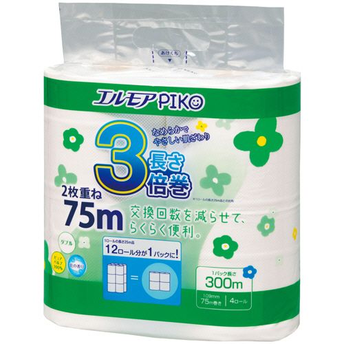 【代引不可】【イージャパンモール】【返品・交換・キャンセル・日時指定不可・法人（会社・企業）様限定】 必ず2通目のメールをご確認ください。 ※本商品は熨斗・包装（ラッピング）はお承り出来ない商品となります。 ※本商品はお届け先様名が法人（企業・会社）様宛ての場合のみお承りとなり、個人様宛てのご注文はお承りしておりませんので予めご了承くださいませ。 ※領収書につきましてはeメールにPDFファイルを添付してのご案内のみとなります。 ※本商品は【イージャパンショッピングモール】（イージャパンモール）の他の商品と同梱することは出来ません。※商品はご注文（ご決済）後、2-5営業日で発送（土・日・祝日除く）となります。※配送業者と契約がないため、送付先が沖縄・離島・一部地域の場合キャンセルとさせていただきます。※発送予定日は、在庫がある場合の予定日となります。 ※在庫がない場合には、キャンセルとさせて頂きます。 ※納期が遅れます場合には改めてご連絡させて頂きます。※本商品はメーカー取り寄せ商品となります。 流動在庫となりますためお手配時に在庫がない場合はキャンセルとさせていただきます。 在庫と納期のご確認が必要な場合は事前にお問い合わせください。 ※キャンセル・返品・交換・日時指定不可です。（平日のみのお届け） ※ご注文確定後でのお届け先の変更等はお承りできませんのでご注意ください。 ※本商品は法人（企業・会社）様限定商品となり、お届け先は「法人（企業・会社）様」に限ります。（個人様宛てへのお届けはお承りしておりません） 　お届け先に法人名が確認できる表札等がない場合、お届けをお承りすることができなくなっております。 　また、商品のお受取人様名に法人（企業・会社）様名をご記入いただけない場合もご注文をお承りできません。 ※置き配や宅配ボックスへの配送も承れませんので、お届け時にお留守でないようお願い致します。 ※沖縄・離島および一部地域へのお届けは出来ません。 ※商品のお写真はイメージ画像です。概要 1ロールが長持ちするので、面倒なトイレットペーパーの交換回数を減らせます。 商品説明 ●ピュアパルプ100％で、なめらかでやさしい肌ざわり。ダブル・長さ75m、4ロール入×12パックセットです。●4ロールで12ロール分の長さがあり、すっきり収納できます。（※メーカー「エルモアピコ」と比較して）●コンパクトサイズで持ち運びらくらく！省スペースですっきり保管できます。災害備蓄用にも適しています。●パルプロールなので、吸水性にも優れており、温水洗浄器付きトイレにもおすすめです。●取っ手穴を大きくして、持ち手部に強度を持たせることにより、握りやすく持ち運びしやすくなった「ラクとって」を採用。さらに取っ手のミシン目を持ち下側に向いて破ると簡単に開封できます。●花の香りがほんのりさわやかです。 仕様 タイプ ダブル ロールサイズ 幅109mm×長さ75m ミシン目 あり 香り 花の香り 材質 ピュアパルプ100％ パッケージサイズ W220×D110×H218mm 生産国 日本 シリーズ名 エルモア JANコード 4971633163294 【メーカー・製造または販売元】カミ商事【広告文責】株式会社イージャパンアンドカンパニーズ 072-875-6666《ご注意ください》 ※本商品はキャンセル・返品・交換・日時指定不可の商品です。 　不良品、内容相違、破損、損傷の場合は良品と交換いたします。 　但し、商品出荷より7日以上たった商品につきましては交換いたしかねますのでご注意ください。 ※商品がリニューアルしている場合、リニューアル後の商品をお届けします。 ※法人（企業・会社）様宛ての場合のみご注文をお承りしております。（個人様宛てへのお届けはお承りしておりません） 　配送の日時指定は出来ません。お届け時にお留守でないようお願い致します。[関連キーワード：日用品]