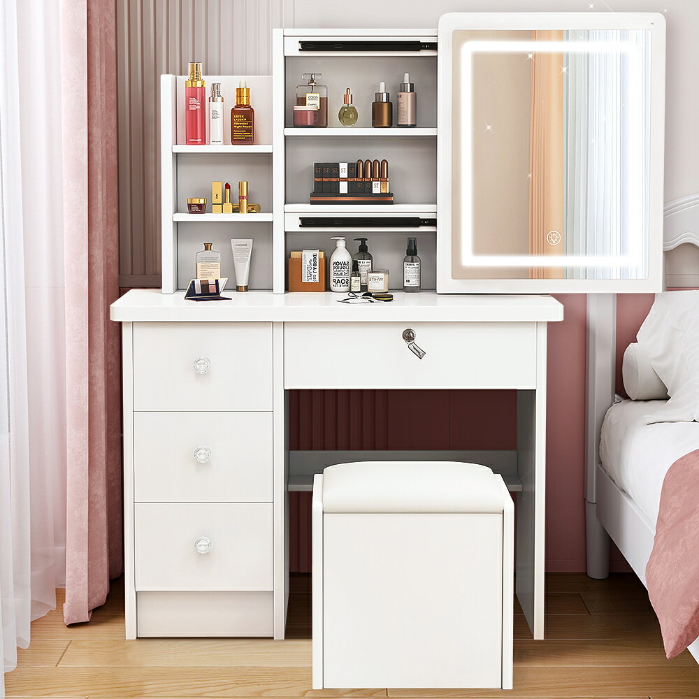ドレッサー2点セット　LEDライト付き 化粧台 収納 テーブル　大量収納 ドレッサーテーブル 一面鏡ドレッサー ライト付きドレッサー 収納量アップ タッチコントロール 化粧台 鏡台 プレゼント 組み立てタイプ