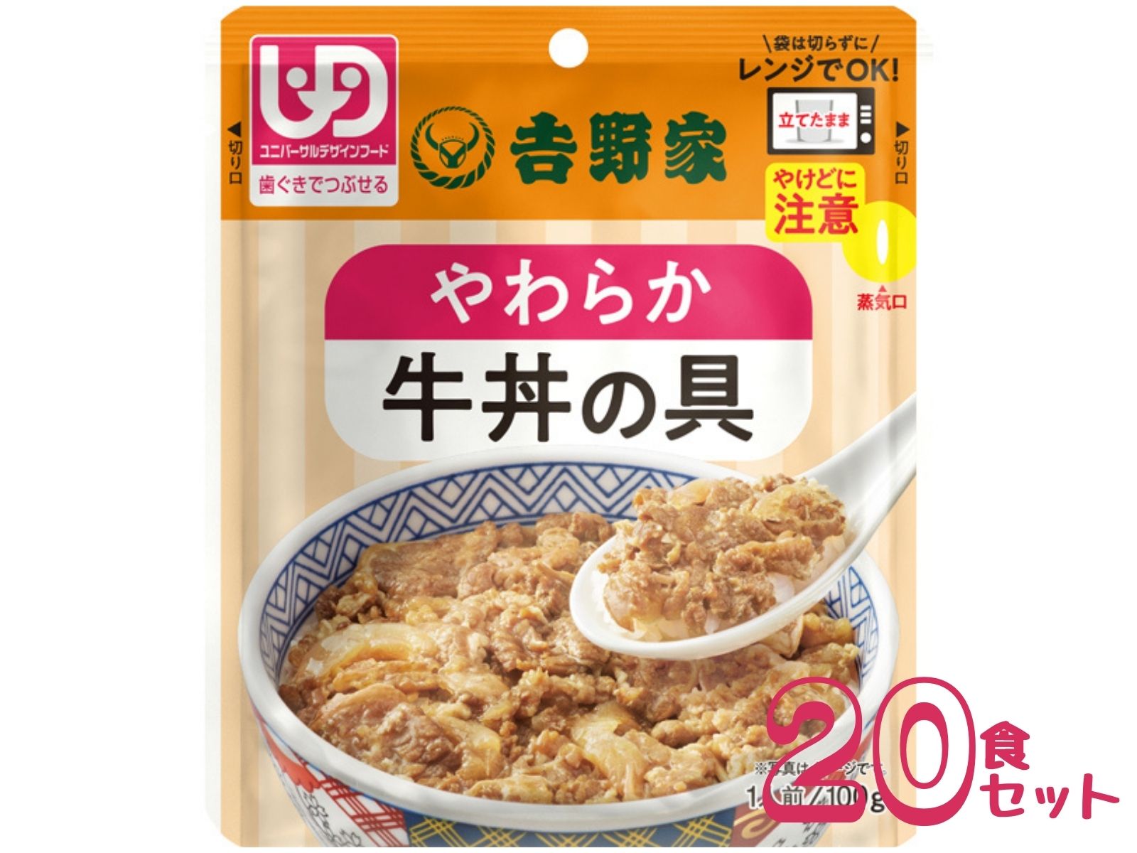 ・ご高齢の方や摂食嚥下機能が低下した方でも食べやすい、やわらか牛丼の具。 ・吉野家の牛丼の美味しさそのままに、常温レトルト化で取り扱いやすく加工しました。 ・常温保存なので保管に便利 ・火を使わずに、電子レンジで簡単調理 ・やわらかくて食べやすい ・塩分控えめでも、お店の味はそのままに ●原材料／牛肉加工品（国内製造）、玉ねぎ、調味液（ぶどう発酵調味料、果実酒、砂糖、しょう油加工品（しょう油、糖蜜、砂糖、他）、玉ねぎ、他）、しょう油、おろししょうが、砂糖／調味料（アミノ酸等）、糊料（増粘多糖類、加工でん粉）、重曹、カラメル色素、酸味料、（一部に小麦・牛肉・大豆・りんごを含む） ●栄養成分／（100g当たり）エネルギー75kcal、たんぱく質6.7g、脂質3.0g、炭水化物5.7g、食塩相当量1.2g、亜鉛0.7mg、カルシウム10mg、カリウム182mg、リン54.6mg ●アレルギー／小麦・牛肉・大豆・りんご ●賞味期限／製造後1年7ヶ月 ●ユニバーサルデザインフード／歯ぐきでつぶせる（区分2） ●生産国／日本 ●メーカー品番／636118 ●JANコード／4538872831003 ●メーカー名／吉野家