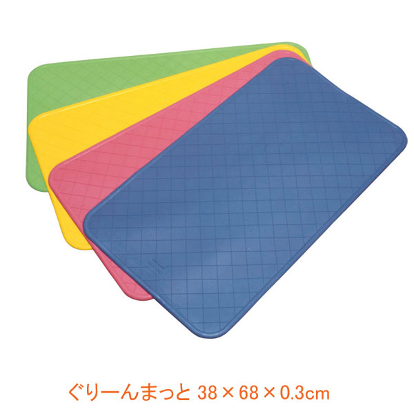 ※ステンレス製浴槽ではご使用をお控えください。 ※吸盤式ではございません。 ・『置くだけ（水に沈めるだけ）』のカンタン設置。 　足のつまずきにも配慮した安心形状。 ・水に入れるだけで自重で沈む1.3kg。 　吸盤がつかない浴槽もOK。 ・表面は3cm角の格子状凹凸形状、裏面は細かな凹凸加工で設置場所の材質を問わず滑りにくい形状です。 ・フチ周りはなめらかに傾斜し、つまずきやマットのめくれる心配がありません。 ・滑りを予防したい場所に「置くだけ」で設置面にフィットします。 　洗い場や浴槽のお湯に沈めてもお使いいただけます（自重で簡単に沈みます）。 　使用後は簡単に取り外しできますので、お手入れも簡単です。常に衛生的に使用できます。 ・洗い場、浴槽内とも使用可能。 　ベッドサイド、玄関、畳、じゅうたん、フローリング等でも使用できます。 ●サイズ／幅68×奥行38×厚さ0.3cm ●重さ／約1.3kg ●材質／合成ゴム ●生産国／日本 ●抗菌加工、防カビ加工 ●メーカー品番／KS-90 ●カラー／ネイビー　ピーチピンク　バナナイエロー　ライトグリーン ●JANコード／ ネイビー:4562101520468 ピーチピンク:4562101520482 バナナイエロー:4562101520499 ライトグリーン:4562101520475 ●メーカー／キヨタ