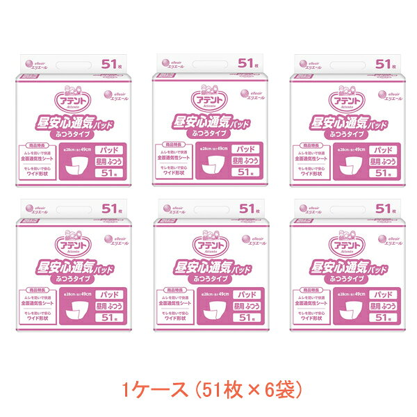 ※ケース(51枚×6袋)販売です。 ・ムレを防いで快適 全面通気性シート ・モレを防いで安心 ワイド形状 ・やわらかな通気性バックシート採用で、こまめに交換される方もお肌快適。 ・おしりを包むワイド形状吸収体。 ・バックシートに、前後が分かりやすく体の中心に合わせやすい「矢印センターライン」入り。 ・全面通気性。 ・消臭加工。 ●サイズ／幅28×長さ49cm ●メーカー品番／773111 ●JANコード／4902011771114 ●メーカー名／大王製紙