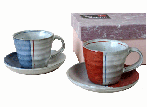 コーヒーカップ＆ソーサー 紺赤ハーフ ペアコーヒー碗皿ギフト用化粧箱入