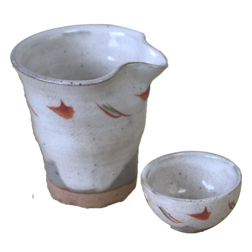 冷酒用徳利 粉引 赤絵 そよ風 酒器【ぐい呑付】 国産 業務用 食器 食洗機対応 レンジ対応 美濃焼