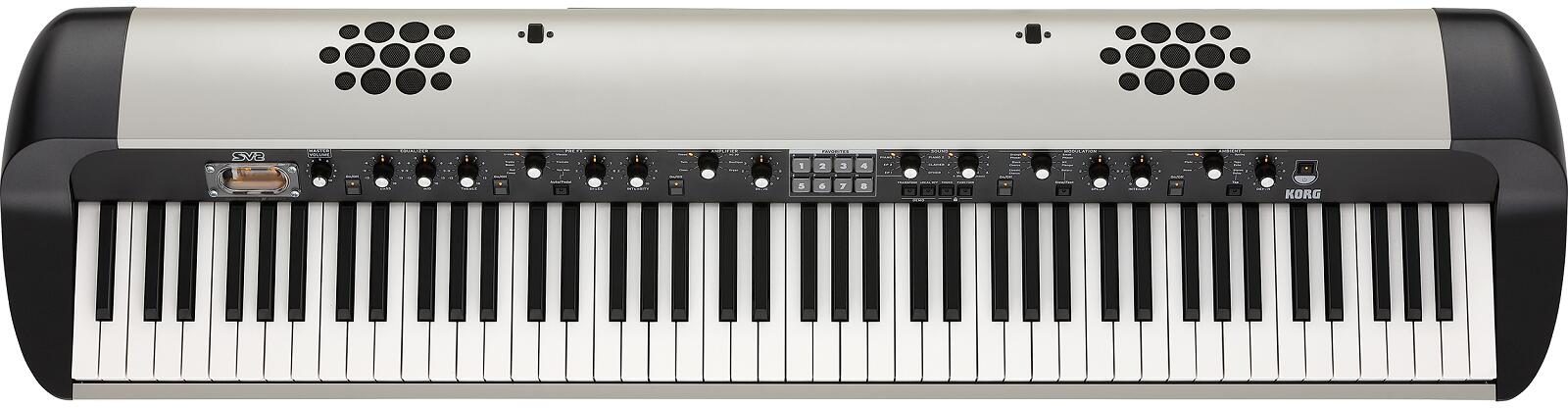 ステージ・ビンテージ・ピアノの新定義。 SV-2ステージ・ビンテージ・ピアノは、様々なキーボードの名機による個性的なサウンド、ユニークな演奏体験、その美しさまで、すべてを1台で満たす唯一無二の存在です。10年前、コルグはこのシリーズを立ち上げました。直感的な操作パネル、最高の鍵盤、極上のビンテージ・サウンド、世界的なピアノの透明感、その時代の暖かみを持つエフェクト、そしてひと目でわかる丸みを帯びたデザインは、多くのミュージシャンを刺激し、10年経った現在でも世界中で使われています。 88鍵、73鍵をラインナップしたSV-2は、このシリーズをさらに優れたものにする機能のアップデート版です。より多くのサウンド、PCM、発音数、プリセット数、コントロールを搭載し、現代のパフォーマンス・ステージ・ピアノに必要な全てを網羅。さらにアンプ＋スピーカー搭載モデルSV-2Sを追加し、新たな可能性も追求しました。次の10年を見据えたシリーズ第二章へ。ステージ・ビンテージ・ピアノ、SV-2S。 妥協なく、もっと高みへ SV-2には、SV-1のサンプル・データの約10倍以上を内蔵しており、全く新しくより高品位なピアノおよびキーボード・サウンドを提供します。SV-2には72のファクトリー・サウンドがあり、パフォーマンス中にすぐにアクセスできるようお気に入りを保存するための64のフェイバリット・ボタンを用意。SV-2 Editorソフトウェアを使用すると、ユーザーはスプリットおよびレイヤー・プログラムを作成可能で、フェイバリットに保存できます。これを使うと弦とレイヤーで重ねたピアノ＋ベースなど、一度に最大3つの音色にアクセスできます。ユーザー・スプリットはSV-2 Editorを使用して作成する必要がありますが、キーボードのスプリット・ポイントはフロント・パネルから直接調整できます。 さらに、SV-2のポリフォニーは128ボイスになり、ピアノとストリングスを重ねたようなレイヤー・サウンドで、ペダルを用いた演奏時でも音切れの心配はありません。 すべては忠実な再現のため SV-2は最高峰のオーディオ・サンプリング技術を用いて、厳選されたクラシック・キーボードのサウンドを正確かつ忠実に再現しています。メンテナンスの行き届いた楽器と最新のマルチ・マイク方式のみを使用して、タインのスラップ、ハンマーのリリース、接点のクリックなど、すべてのサウンドを可能な限り正確に収録しました。これらの様々な要素を必要なだけ混ぜ合わせ、さらに各楽器の完全なダイナミック。レンジを忠実に保持することによって、ppp（ピアニッシシモ）タッチからfff（フォルティシシモ）ストライクまでのあらゆる音色と音量の変化、およびその間のすべてを再現しました。この緻密なサンプリング方式により、3次元の存在感が生まれ、レコーディングやステージにおける完璧なサウンドを得ることができるのです。 憧れのクラシック・サウンド すべてが驚くほどリアルに再現されている、古典的な電気機械式、トランジスタ式、テープ駆動式、アナログ、デジタル・キーボードなどなど、楽器の宝庫を体験してください。これらのサウンドは過去数十年もの間、ポピュラー音楽を定義し、今再び脚光を浴びています。 SV-2は、これらの求められているすべてのサウンドを、完璧なチューニングと申し分のない演奏状態で、指先に配置します。もちろんメンテナンスは不要で、すべてがここにあります。エレクトリック・ピアノには、ほぼすべてのアメリカ製タイン・モデルとリード・モデル、日本のエレクトリック・グランド、珍しいドイツのエレクトリック・ピアノも含まれています。そして、さまざまな設定を使用して作成されたクラビがあります。電子ピアノはお好きですか？アナログ、デジタル（VPM、FM、およびPCMバージョン）があり、人気の高いKORG M1ピアノも含まれます。オルガンをお探しですか？トーン・ホイールのクラシックから、 VOXコンボ、イタリアのトランジスタ、またはアメリカの真空管式オルガン、そして教会と大聖堂のオルガン。ストリングスは必要ですか？ 70年代のアナログ・ストリング・マシン、プログレ時代のテープ・ストリング、オーケストラのセクションなどから選べます。さらにSV-2にはマレット、ブラスやコーラスのサウンド、ギターとベースのサウンド、ソロやパッドのシンセも含まれており、スプリット、レイヤーの作成にも最適です。 美しいピアノ・サウンド SV-2はステージ・ピアノです。 ボタンを押すだけでドイツ、イタリア、オーストリア、日本の著名なピアノなど、世界中の最も優れたグランド・ピアノ・サウンドを呼び出すことができます。普段から馴染みのあるサウンドでしたら、日本またはドイツのアップライト・ピアノを選択してください。 本物のホンキー・トンク・ピアノと本物の「タック」ピアノも含まれています。 SV-2には2つのゴージャスなハープシコード、1つはフランス製、もう1つはイタリア製のものです。 ピアノを単音で使用するか、別のサウンドとレイヤー化するか。これらの優れたピアノ・サウンドは、音楽の強力な基幹となることと同時に、様々なパフォーマンスの可能性も提供します。 ノブやスイッチによる直感的な操作 SV-2では、あなたがサウンドの主導権を握ることをお勧めします。LCD表示もメニューもありません。すぐに理解できる操作パネルは常に現在の状態を示しているので、思うままに先に進んでください。ノブをつかみ、回転させ、微調整し、色々試してください。もし気が変わったら、ノブを押せば、元の値に素早く戻ります。LEDインジケータ付きのスイッチは、どの効果がアクティブであるか、変化したか、などを示します。サウンドは2つのロータリー・スイッチで選択可能。パネルの中央にある8つのボタンは、64個のフェイバリットのプリセットをすばやく呼び出すことができ、各プリセットには独自のカスタマイズされたサウンドと設定が含まれています。また誤って音が切り替わるのを防ぐパネルロック機能があり、演奏中の誤操作を防ぎます。 より詳細なサウンドやフェイバリットの設定、およびこれらのデータ管理は、無料のSV-2 Editorソフトウェアによって可能になります。 繊細なニュアンスを表現するRH3鍵盤 SV-2の鍵盤は73 key、88 keyともにリアル・ウェイテッド・ハンマー・アクション3（RH3）鍵盤を採用。グランド・ピアノと同様、低音部では重く、高音部では軽くなるように4段階に重さを分けた鍵盤で、指先の繊細なニュアンスまでも見事に表現し、リアルな弾き心地を楽しむことができます。また、打鍵の強弱による音色の違いを、8種類のタッチ・カーブから選択することができます。すべてが忠実なSV-2は、グランド・ピアノやエレクトリック・ピアノに適合した、2つのユーザー定義可能なタイプ（SV-2 Editorを使用して作成可能）を含む8つのチューニング・カーブも提供。SV-2の全体的なチューニング、つまりコンサート・ピッチは、別の楽器または以前に録音したトラックに合わせて調整できます。 リアルさを追求したエフェクト 適切なエフェクトをかけることで、サウンドに素晴らしい立体感が加わり、ビンテージ・キーボード・サウンドを最高レベルに引き上げます。SV-2には、スタジオ品位の信号処理による6つの独立したエフェクト・ステージに加えて、コルグ独自の真空管回路「Valve Reactor」を搭載。このValve Reactor回路は、本物の12AX7A真空管だけが付加することができる暖かみ、歪みを加えます。サウンドと同様、エフェクト・モデルはすべてオリジナルに忠実であり、選択したエフェクトのパフォーマンス、動作などが本物と一致するように設計されています。エフェクトステージは以下の通りです。 - 3-BAND EQUALIZER（ベース、ミドル、トレブル） - PRE FX（Red Compressor、Treble Boost、U-Vibe、Vibrato、Tremolo、VOX Wah） - AMPモデル（クリーン、ツイン、ツイード、AC30、ブティック、オルガン、およびいくつかのキャビネット・シミュレーターとノイズ・リダクション） - MODULATION FX（クラシック・コーラス、ブラック・コーラス、オレンジ・フェイザー、スモール・フェイザー、MXフランジャー、ロータリー） - リバーブ/ディレイ（ルーム、プレート、ホール、スプリング、テープ・エコー、ステレオ・ディレイ） - LIMITER（ステレオ・リミッター、ステレオ・マスタリング・リミッター） 制御が簡単で使いやすく、しかも忠実に再現されたエフェクトとアンプ・モデルは、本物のビンテージとモダンなサウンドを追求することに役立つでしょう。 充実したコネクター類 SV-2は、現代のステージ・ピアノに必要なすべてのオーディオ端子、MIDI端子やPC接続端子、およびペダル端子を備えています。1/4インチ・オーディオL/R出力に加えて、ダイレクト・ボックスやインピーダンス・マッチング・トランスを必要とせずに、スタジオ・コンソールまたはステージ上のコネクターに直接接続するためのXLR出力を装備。ヘッドフォン出力は、ステージ上でモニタリングやプライベートでのリハーサルが可能です。DinスタイルのMIDI INおよびMIDI OUTジャックは、他のMIDI楽器や音楽機器に容易に接続可能で、USBポートはSV-2とコンピューター間のデータ転送を行います。またダンパー、ペダル1、ペダル2の3つのペダル端子があります。DS-2Hダンパー・ペダルは同梱されており、本物のピアノ同様にハーフ・ペダルに反応します。ペダル1は、スイッチ・タイプのペダル向けに設計されており、ピアノのソステヌート・ペダルや、Rotary ProエフェクトがオンのときにFast / Slowスイッチとして動作できます。ペダル2は、ワウ・エフェクトやオルガンの正確なボリューム・コントロールに最適なスイープ・タイプのペダル、そしてピアノ奏者には「ウナコルダ」（ソフト・ペダル）によって、ピアノの3本ペダル機能すべてへのアクセスを可能にします。 スピーカー・システムを搭載したSV-2S SV-2のサウンド、ルックス、パフォーマンスをどこでもお楽しみください。コルグはイタリアのスピーカー・デザイナーであるK-ARRAYと協力して、驚くべきSV-2Sを作り上げました。SV-2のすべての機能に加えて、SV-2Sにはスピーカー・システムも組み込まれています。楽屋の舞台裏から寝室まで。ミュージカル、ステージ。ダンスのリハーサルから合唱団のリハーサルまで。 居間からコンサートホール、または礼拝所まで。SV-2Sはいつでもどこでも演奏可能です。15 Wの出力（x 2、左右）を生成するスピーカー・システムには、2つの2.5インチ・スピーカーと3インチのパッシブ・ラジエーターが備わっています。SV-2Sは73鍵と88鍵をラインナップし、個性的なグリルを備えた専用の暖かいアイボリー仕上げで仕上げられています。 ●店舗へのご来店について webご案内の該当商品が店舗に展示していない場合がございますので、店舗ご来店にて商品をご購入・ご確認をご希望の際は事前に店舗あてにご確認ください。 楽器の詳細及び通信販売の手続き方法で不明な点は、 お電話かe-mailにてお問い合わせ下さい。 全国通信販売も承ります。 楽器の詳細及び通信販売の手続き方法は、 お電話かe-mailにてお問い合わせ下さい。 お問い合わせは下記までどうぞ!! クロサワ楽器御茶ノ水駅前店 東京都千代田区神田駿河台2-2-2 TEL 03-3293-5625　