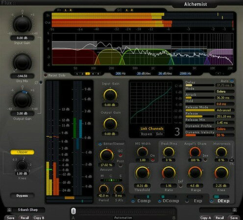 マルチバンド・ダイナミック・プロセッサー Alchemistは、FLUXのダイナミクス・プロセシング・アルゴリズムを統合した、マルチバンド・プロセッサーです。デジタル機器に懐疑的な人をも唸らせた、ピュアで、なめらかなサウンドで、繊細なマスタリングからクリエイティブなミキシングまで対応します。 AlchemistはPureシリーズ、およびSoleraの機能をほぼすべて網羅し、さらに各ダイナミクス処理を5つの周波数帯に分けて調整することができるマルチバンドプロセッサーです。周波数帯ごとの調整が可能なため、例えば低域と高域で異なるセッティングのコンプレッション、エクスパンダーを使用することができます。 特徴 18dB/octから54dB/octまでスロープを選べる、最先端のIIRクロスオーバー。 各バンドに、コンプレッサー、エキスパンダー、ディ・コンプレッサー、ディ・エキスパンダーを装備。 各バンドで、トランジェント、MS Widthを調整可能。 バンド数は1バンドから5バンドまで、切り替え可能。 最終出力段階に、ニーを調整可能なブリックウォール・クリッパーを装備。 プロセスされる信号にディレイ・ラインを追加して、ゼロ・アタックを実現するAuto Delay機能付き。 入力信号量に対応して変化するオート・レシオ機能と、マニュアル・レシオ設定のバランスを、ダイナミック・レンジに応じて自動調整するAngel’s Share機能。 入力信号量に対応して変化するオート・スレッショルド機能と、マニュアル・スレッショルド設定のバランスを、ダイナミック・レンジに応じて自動調整するHysteresis機能。 トランジエントを調整するBitter Sweet機能のかかる位置は、プリ/ポストから選択可能。 クラシック、フィード・バックワード、Soleraモード等、複数のディテクション・アルゴリズムを用意。 ステレオ感を調整する、MS Width調整機能。 1つのプリセット内にA/B2つの設定と、A/B設定間をモーフィングするフェーダーの位置を記録可能。