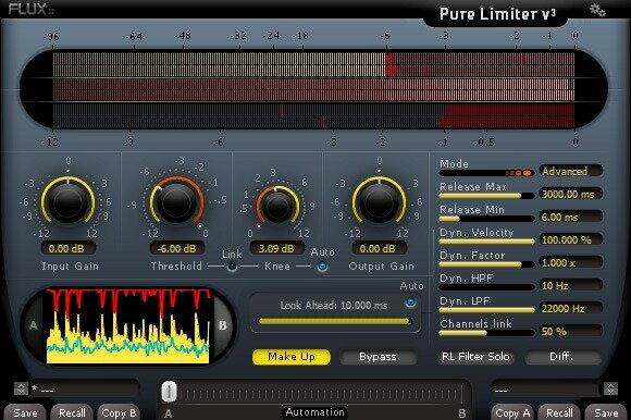 Pure Limiterは、Flux::独自の技術を総動員することで、透明なサウンドを保ったままオーディオ・レベルを底上げ可能な、リミッターです。 マスターの最後にインサートしての使用を想定していますが、ブリックウォール・リミッターにありがちな原音の劣化を心配することはありません。原音の変化に対応してリリース・エンベロープを管理するFlux::独自の技術により、不自然な副作用を最小限に抑えた、透明なリミッター処理を実現しています。 内部処理で実行されているアルゴリズムは高度ですが、使い勝手は犠牲にしていません。 Pure Limiterには、3つの動作モードがあります ・ Automatic：最低限の操作で最大限の効果を発揮するオート・モード ・ Manual：古典的なリミッターに近いパラメーターを装備したマニュアル・モード ・ Advanced：あらゆるパラメーターを調整可能なアドバンスト・モード ディスプレイも、シンプルなAモードと、アドバンス・モード調整時に便利なBモードの2つが用意されています ・ Display A：インプット信号、プロセス後のアウトプット信号両方の波形を表示。 ・ Display B：プロセス後の信号の波形、リミッター動作、リリース値のヒストグラムを表示。 特徴 ・ ダイナミクス検知前にかかるバンドパス・フィルターを装備。不要な帯域でリリース値算出が狂うのう防ぐことができます。 ・ スレッショルドとリンク可能なニー調整機能により、滑らかなリミッティングを実現。 ・ レイテンシーとリミッティング処理に与える余裕の優先度に応じて、ルックアヘッド値も調整可能。