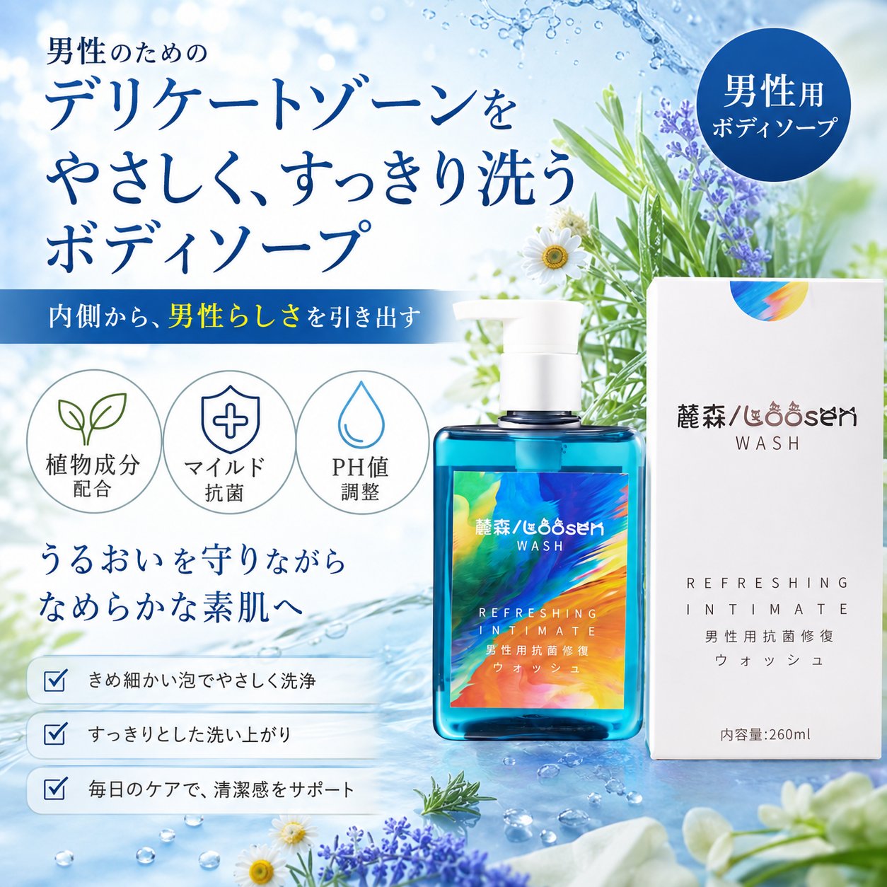 デリケートゾーン ソープ メンズ、フェミニンウォッシュ 男性用、バーベナ&フェロモン配合、VIO ケア におい対策 ムレ対策 泡ソープ 低刺激 抗菌、デリケー…