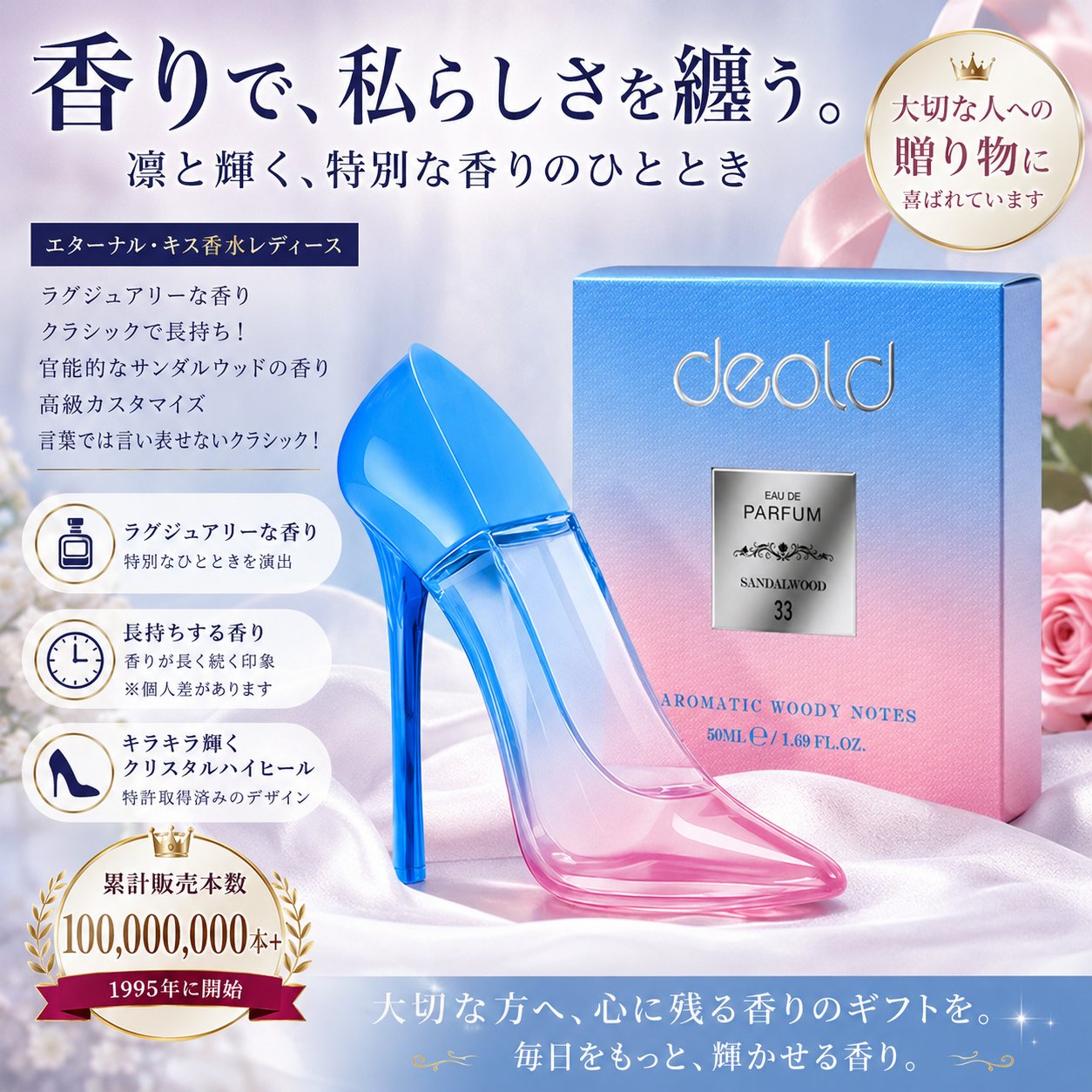 エターナル キス 香水レディース 人気 サンダルウッド フレグランス 上品で落ち着いた香り デート 誕生日 記念日 パーティー ギフトにおすすめ 癒し系サンダルウッド 香水 女性用 50ml
