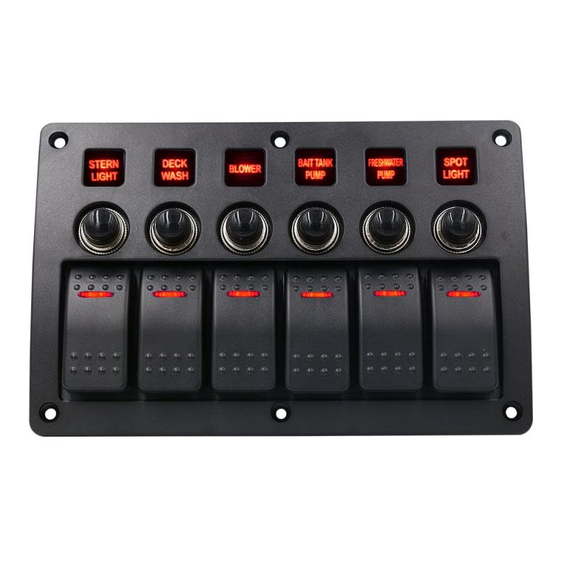 BlueFire 6連防水ボートスイッチ 船舶用品 スイッチヒューズ付 ブレーカースイッチ プッシュボタン 船舶/ボート/マリン専用 LEDスイッチパネル レンズ付 DC12V/24V