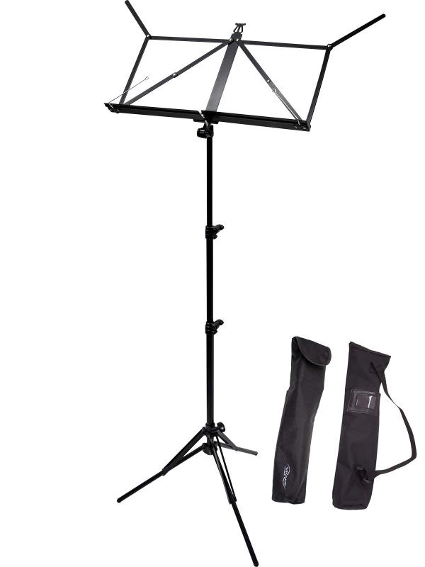 ヴィヴァーチェ Vivace 譜面台 超軽量 アルミ製 折りたたみ式(キャリーバッグ付属) MS-500 カラー:ブラック超軽量コンパクト組み立てカンタン一年間の付き移動の多い方におすすめの譜面台です。軽いだけでなく、ユーザー目線に立ち細部にこだわって作りあげました。アルミ素材を使い本体重量570gと超軽量を実現。折り畳むと約42cmとコンパクト。パイプを抜くなど分解の必要はありません。肩掛け用ストラップが付いた付属ソフトケース（1点付属）にそのまま収納できます。譜面部にはギア式の角度調節機能を採用。ギア式なのでネジを締めるのに強い力が不要です。奏者にちょうど良い角度でしっかりと固定することができます。譜面部はサポートバーと譜面おさえアームを備え、大きなサイズの楽譜にも対応しています。ワイドに開く脚部は安定感抜群で、立奏時の高いセッティングも安心です。